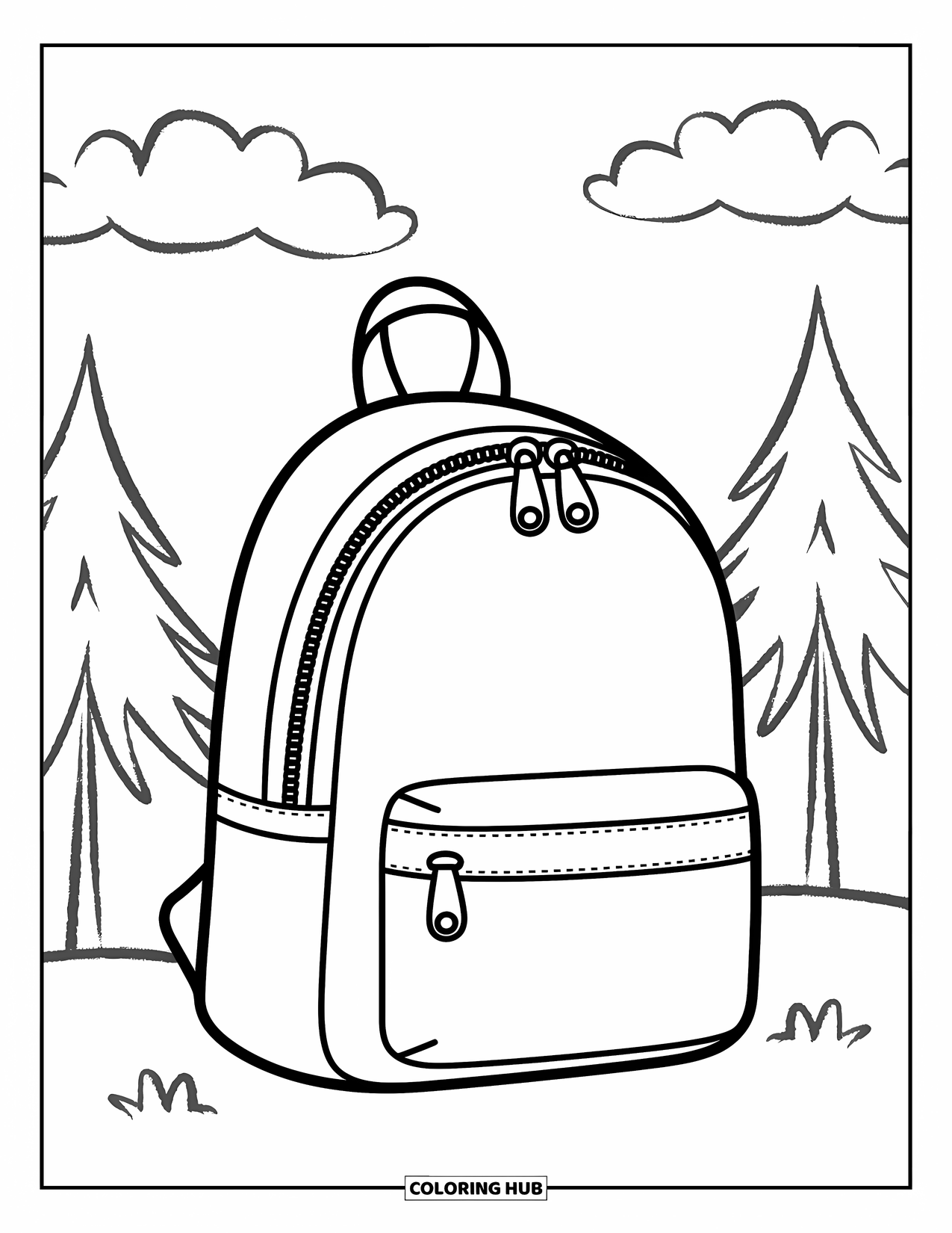School Kleurplaat voor Kinderen: Een grote rugzak met ritsen en een voorvak zit tussen zachte bomen en wolken