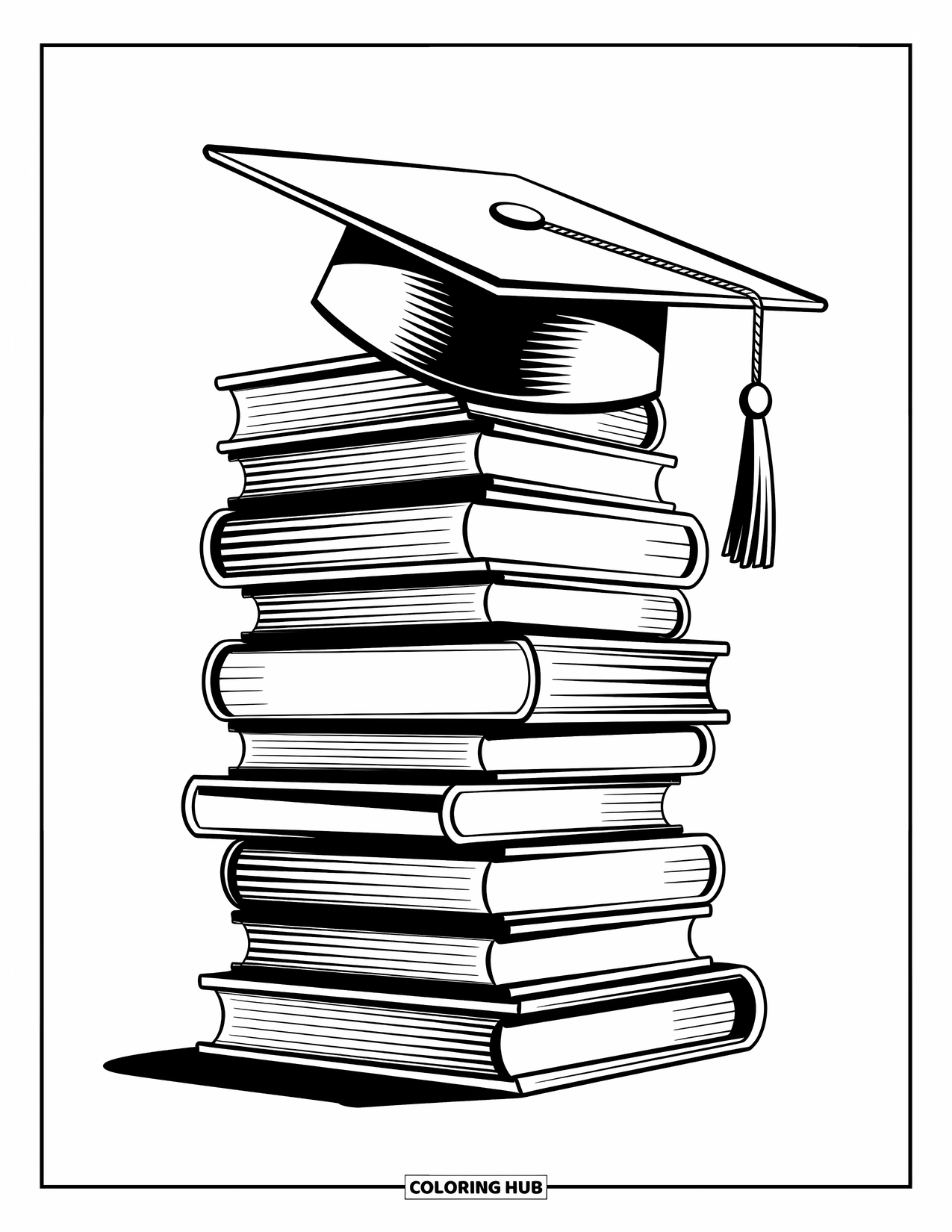 School Kleurplaat voor Kinderen: Een boekenkast vol leerboeken staat hoog met een afstudeerhoed erop