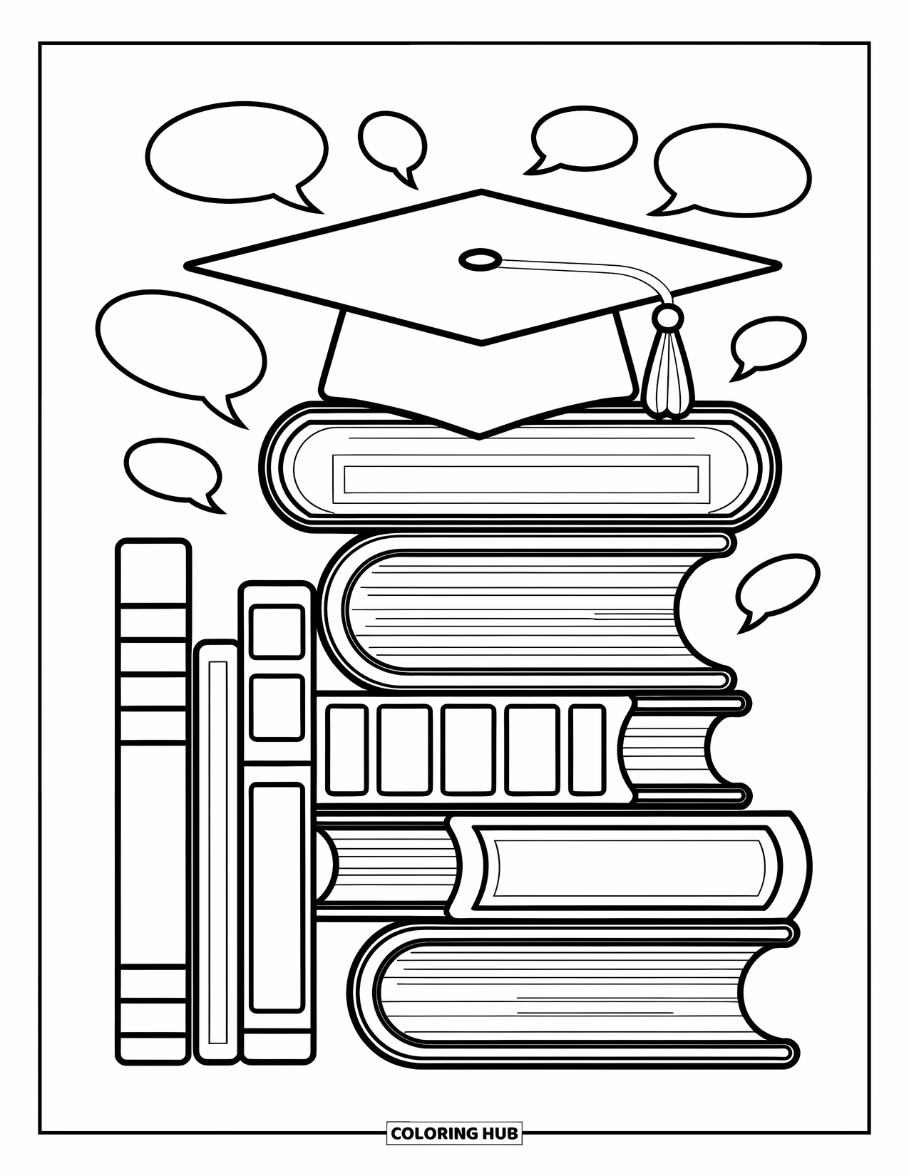 School Kleurplaat voor Kinderen: Een boekenkast vol leerboeken staat hoog met speelse gezichten en tekstballonnen die tevoorschijn komen