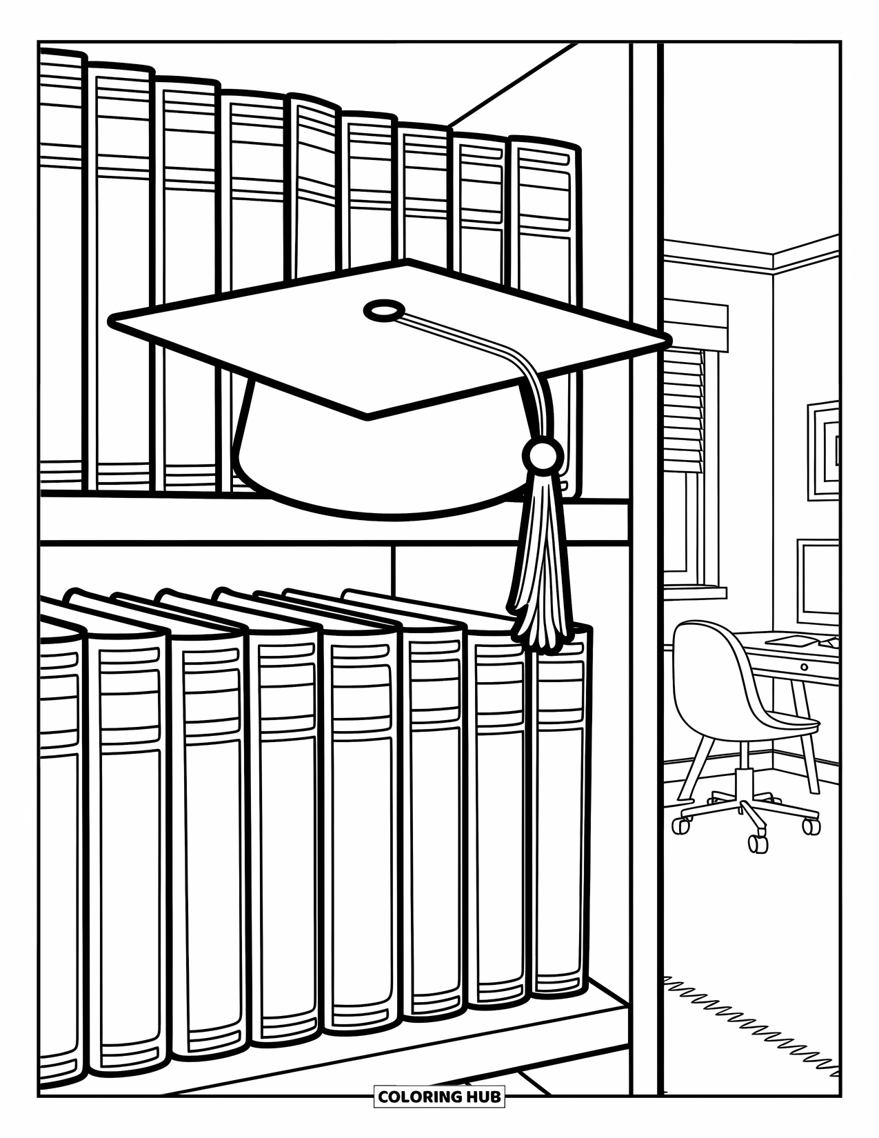 School Kleurplaat voor Kinderen: Een boekenkast met leerboeken en een afstudeerhoed staat in een gezellige tienerkamer