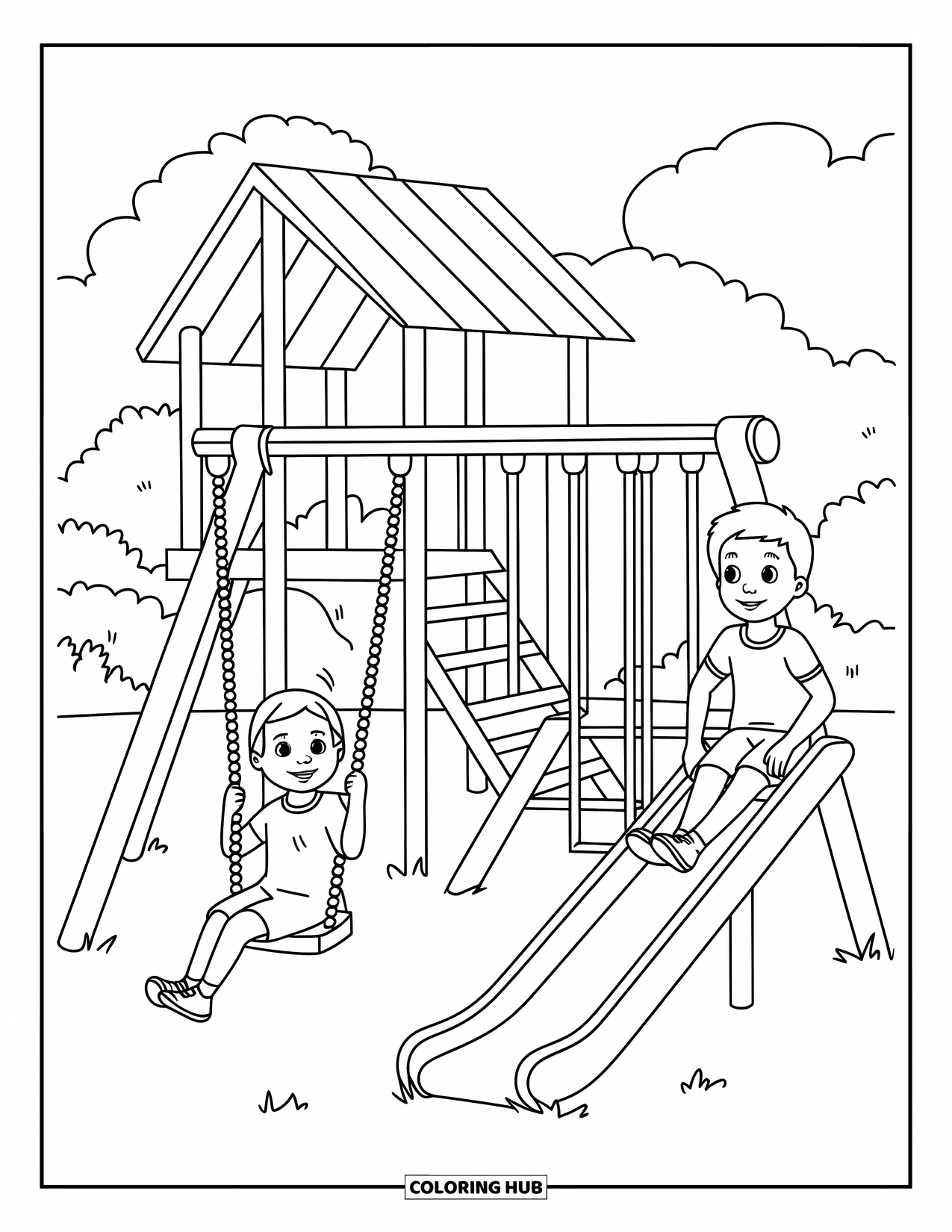 School Kleurplaat voor Kinderen: Een jongen en een meisje spelen samen op een glijbaan en schommel op het schoolplein