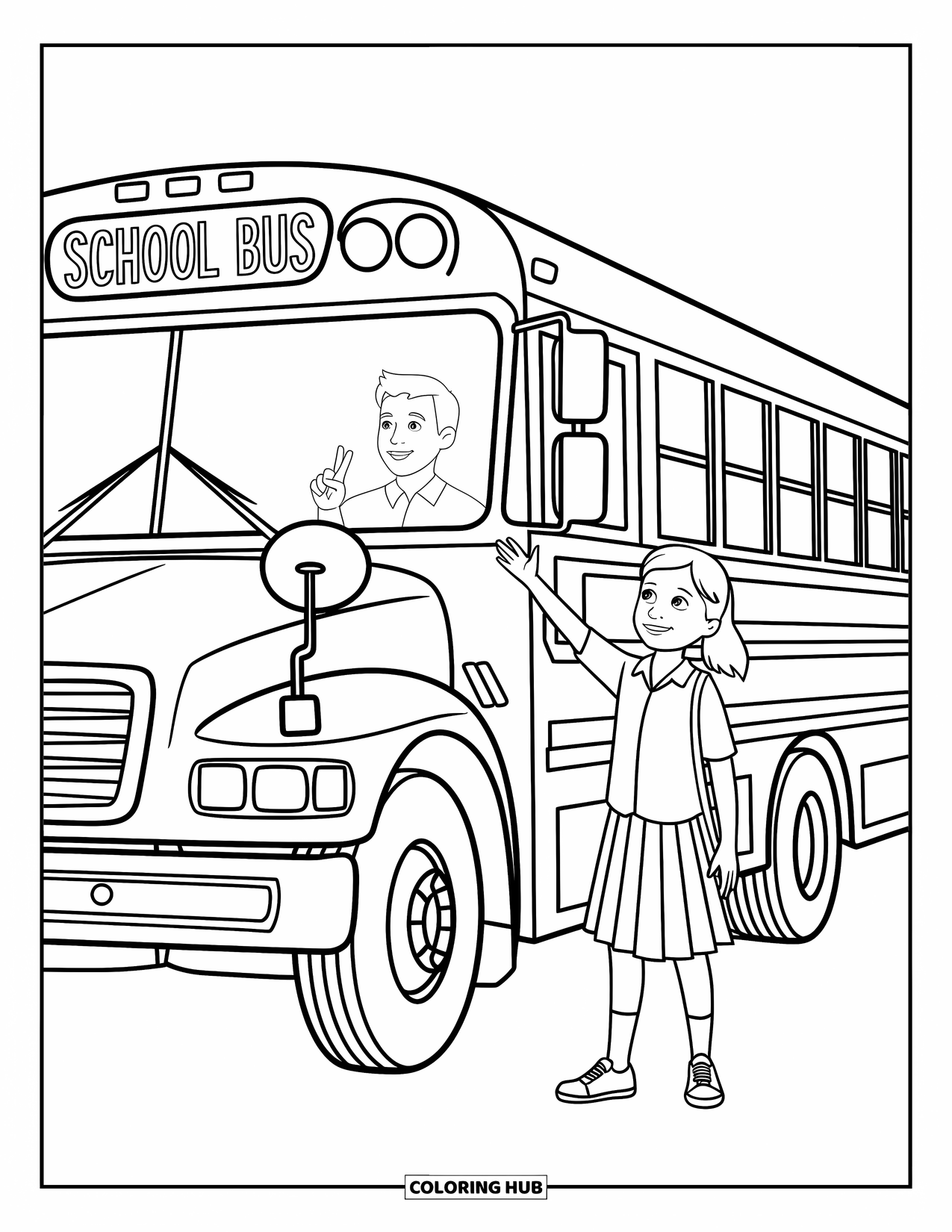 School Kleurplaat voor Kinderen: Een bus arriveert om een schoolmeisje op te halen dat vrolijk naar de chauffeur zwaait