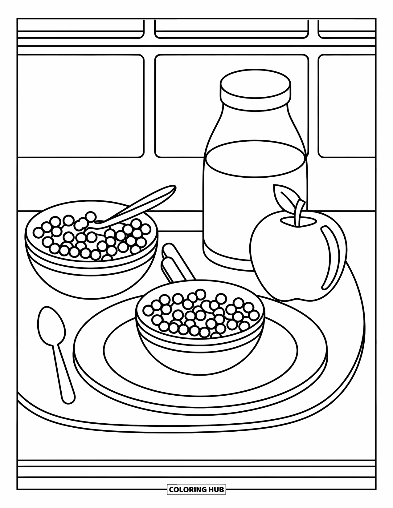 School Kleurplaat voor Kinderen: Een kantinedienblad met ontbijtgranen, een appel en melk klaar voor de lunch