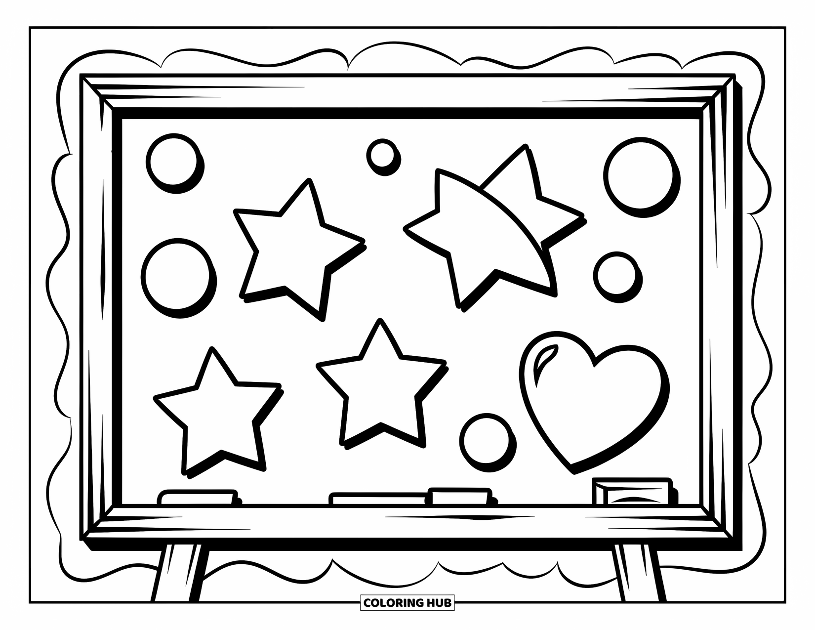 School Kleurplaat voor Kinderen: Een schoolbord toont speelse vormen zoals sterren, cirkels en een hart