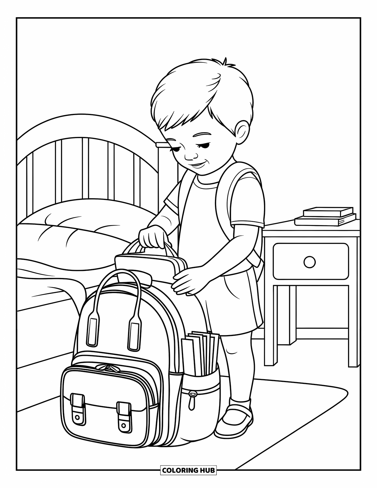 School Kleurplaat voor Kinderen: Een kind staat bij zijn bed en pakt een rugzak in voor een spannende schooldag