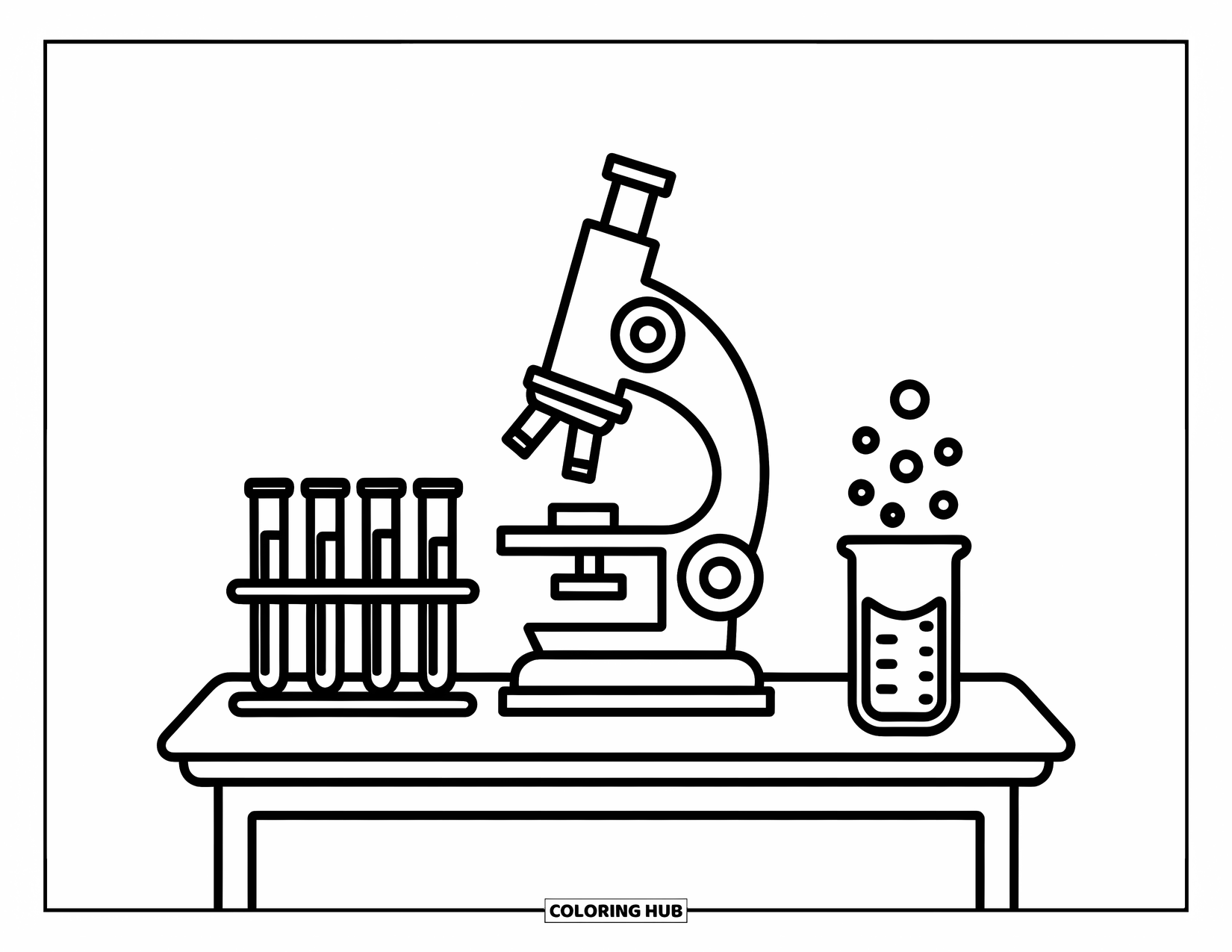 School Kleurplaat voor Kinderen: Een gezellig schoolwetenschapslab met een microscoop, reageerbuizen en een borrelende beker