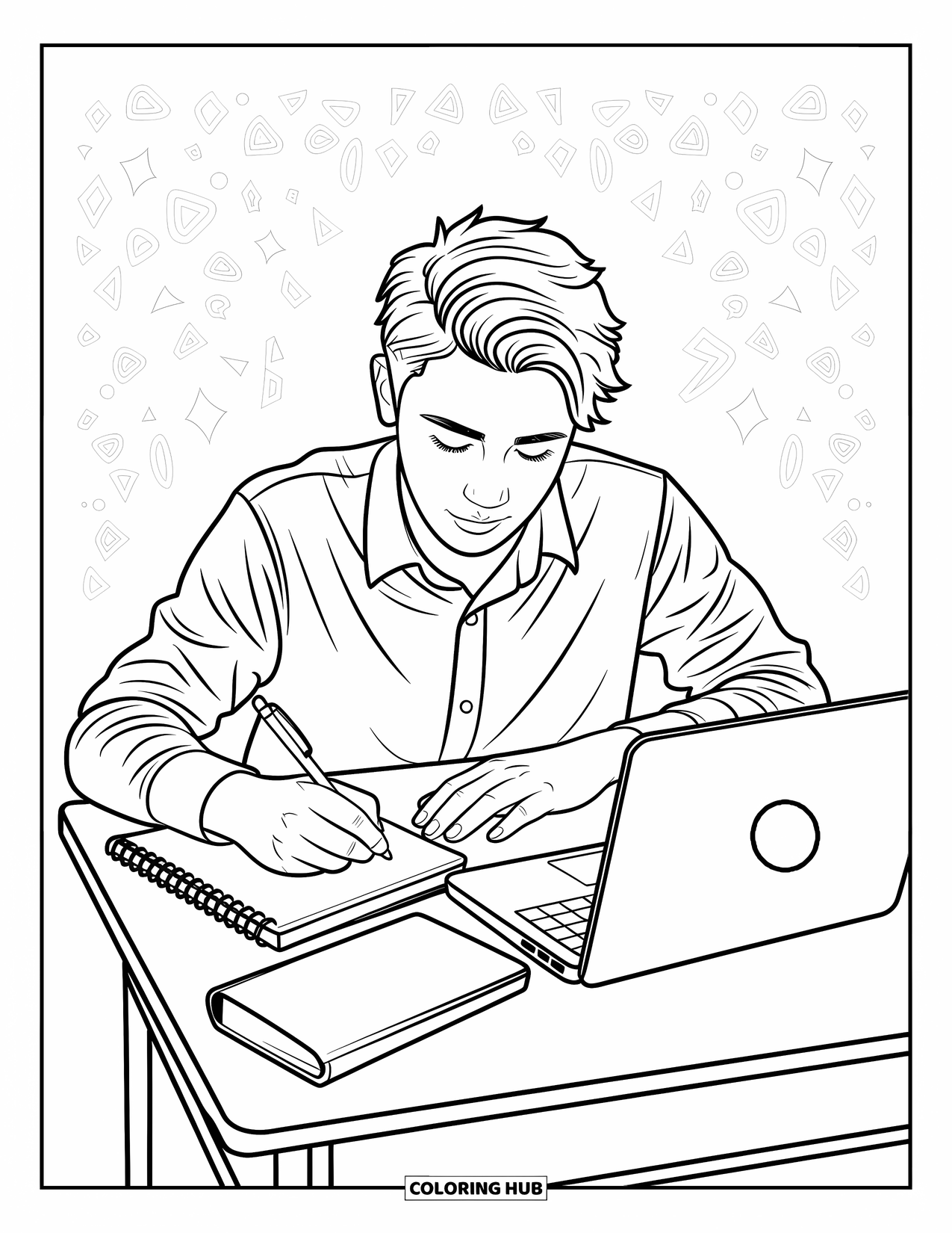 School Kleurplaat voor Kinderen: Een geconcentreerde student schrijft in een notitieboek met een laptop en accessoires in de buurt