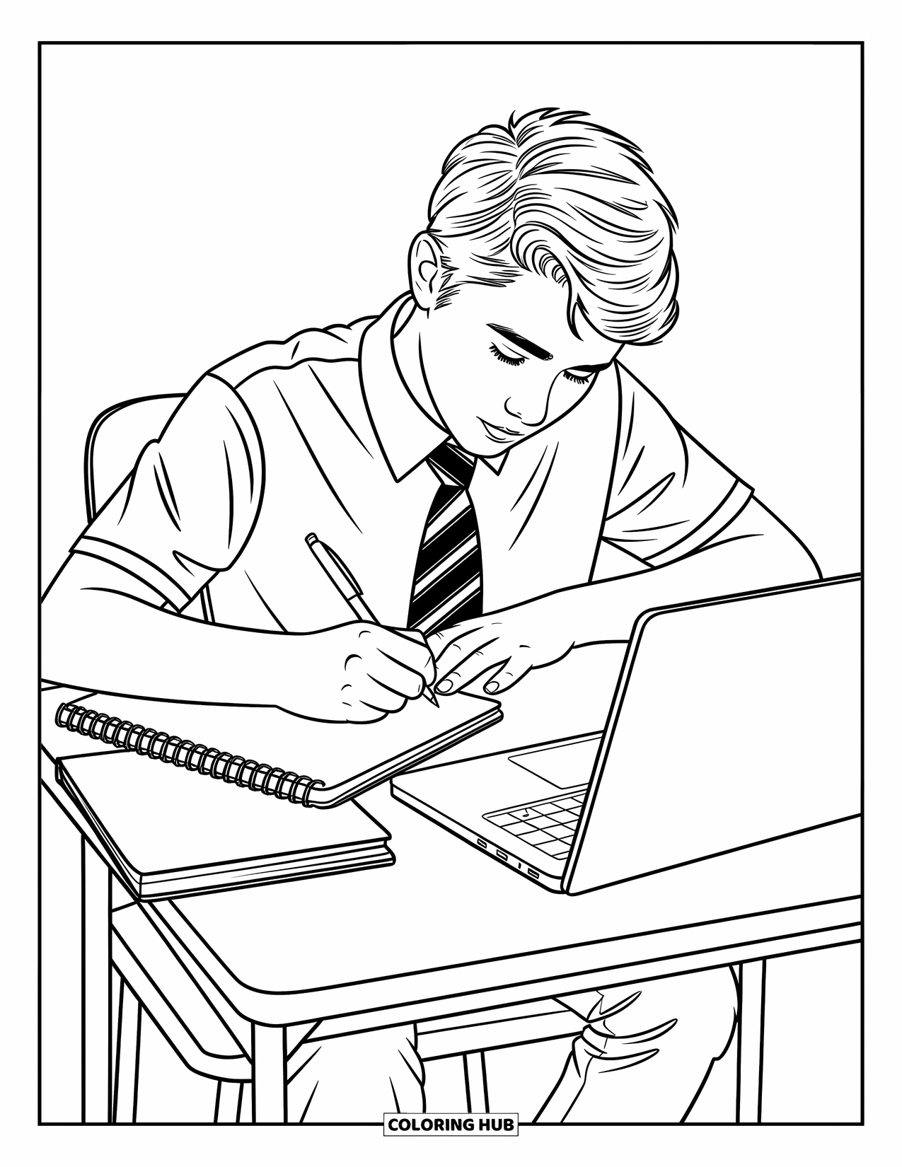 School Kleurplaat voor Kinderen: Een geconcentreerde student schrijft in een notitieboek met een laptop open op het bureau