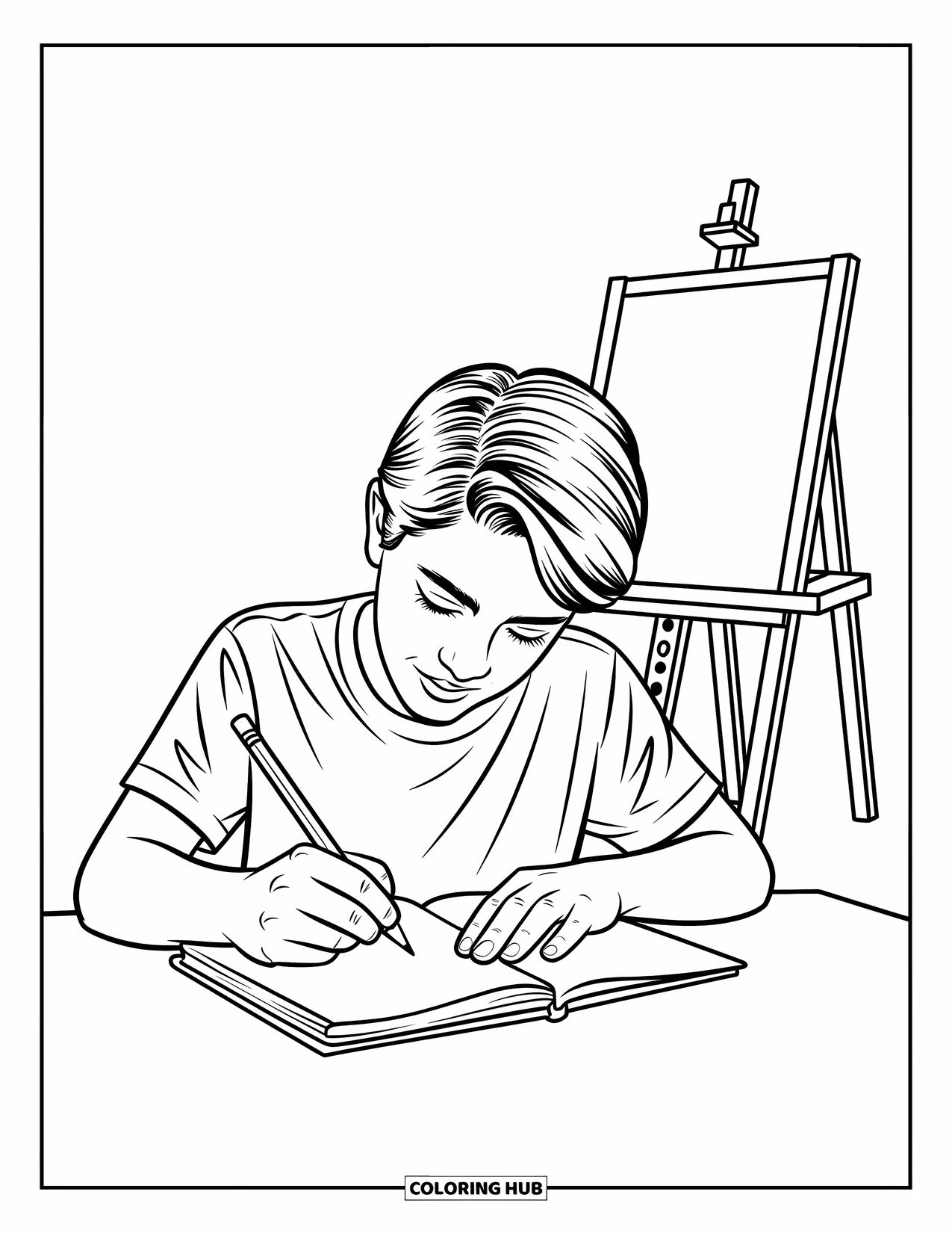 School Kleurplaat voor Kinderen: Een geconcentreerde tiener tekent in een notitieboek naast een staande schildersezel