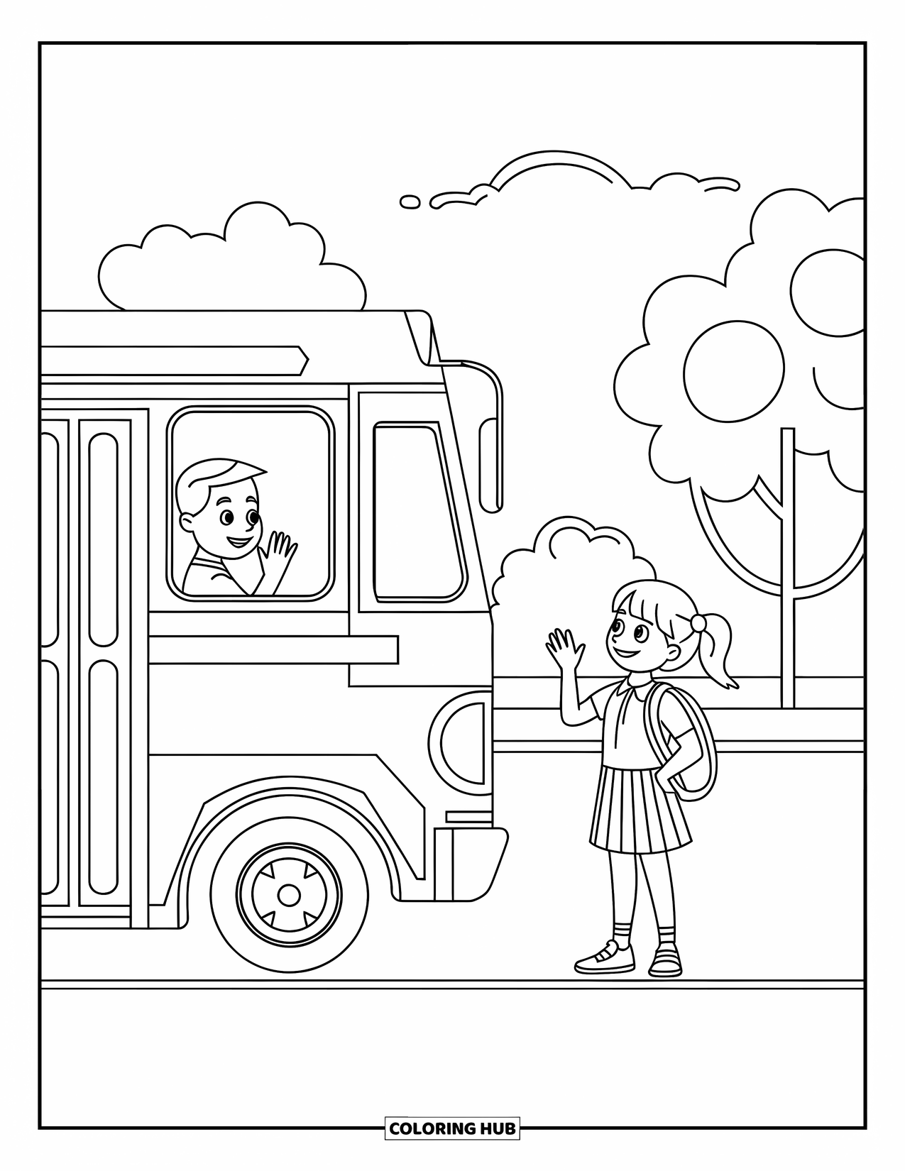 School Kleurplaat voor Kinderen: Een vriendelijke buschauffeur zwaait terug naar een schoolmeisje dat bij de halte wacht