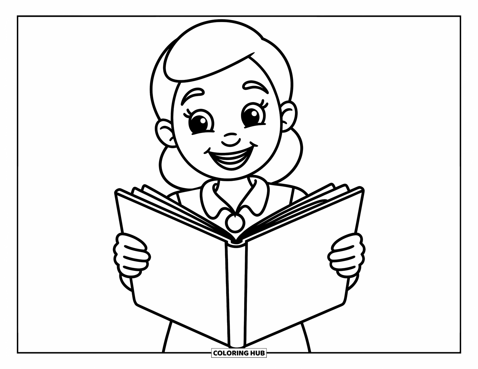 School Kleurplaat voor Kinderen: Een vriendelijke leraar glimlacht terwijl hij een open verhalenboek vasthoudt, klaar om voor te lezen