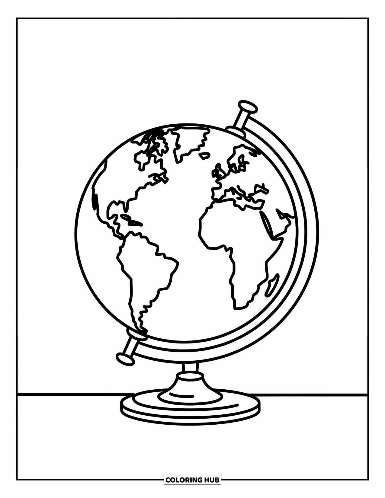 School Kleurplaat voor Kinderen: Een globe op een kleine standaard staat voor een leeg schoolbord