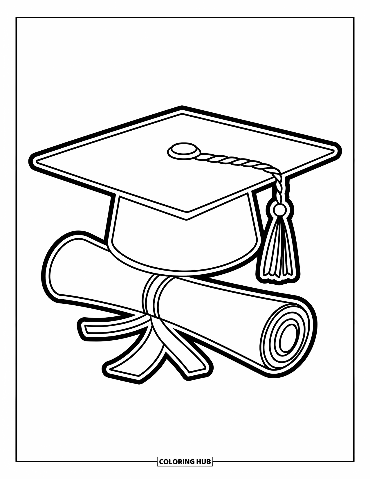 School Kleurplaat voor Kinderen: Een afstudeerhoed zit trots bovenop een diploma