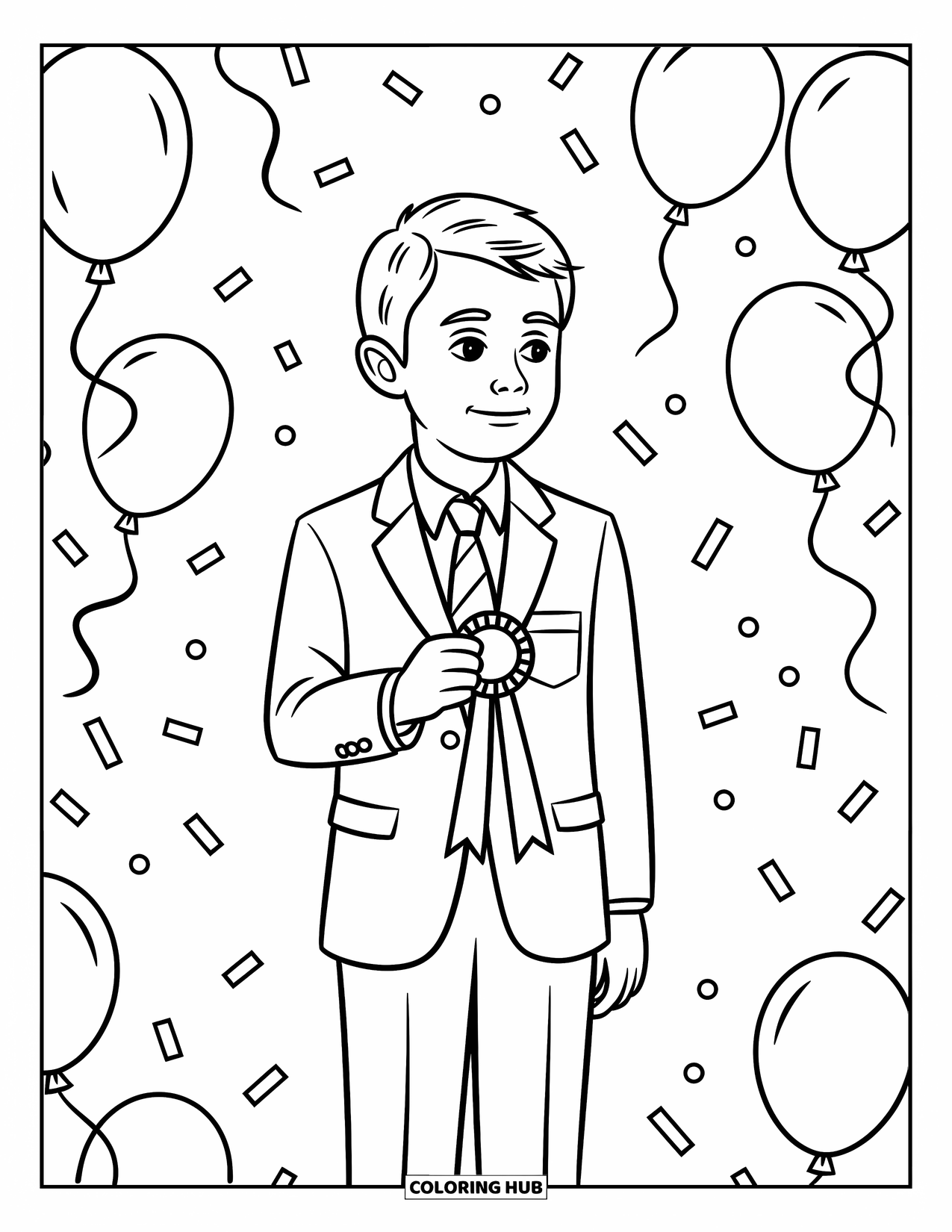School Kleurplaat voor Kinderen: Een vrolijke jongen houdt trots een lint vast met confetti en ballonnen op de achtergrond