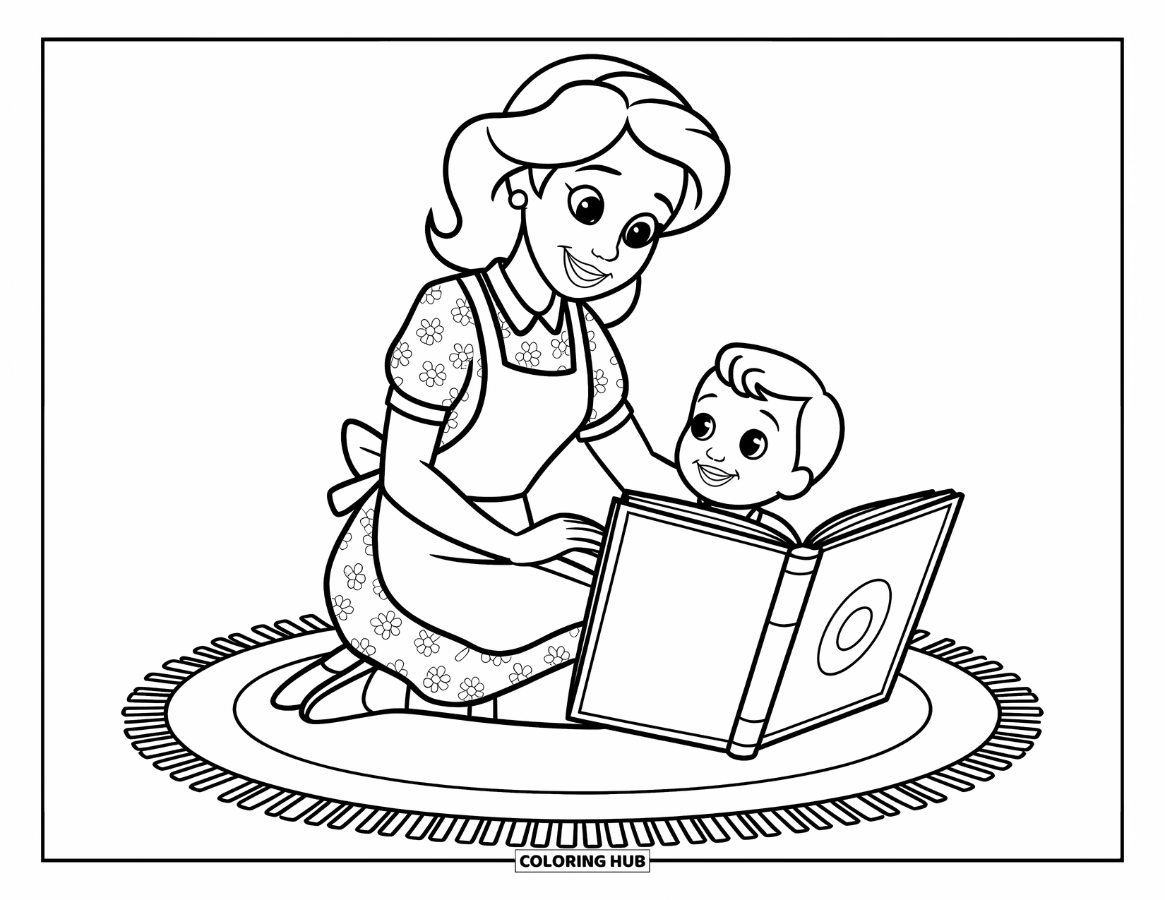 School Kleurplaat voor Kinderen: Een vriendelijke leraar leest een verhalenboek voor aan een enthousiast kind op een gezellig kleed