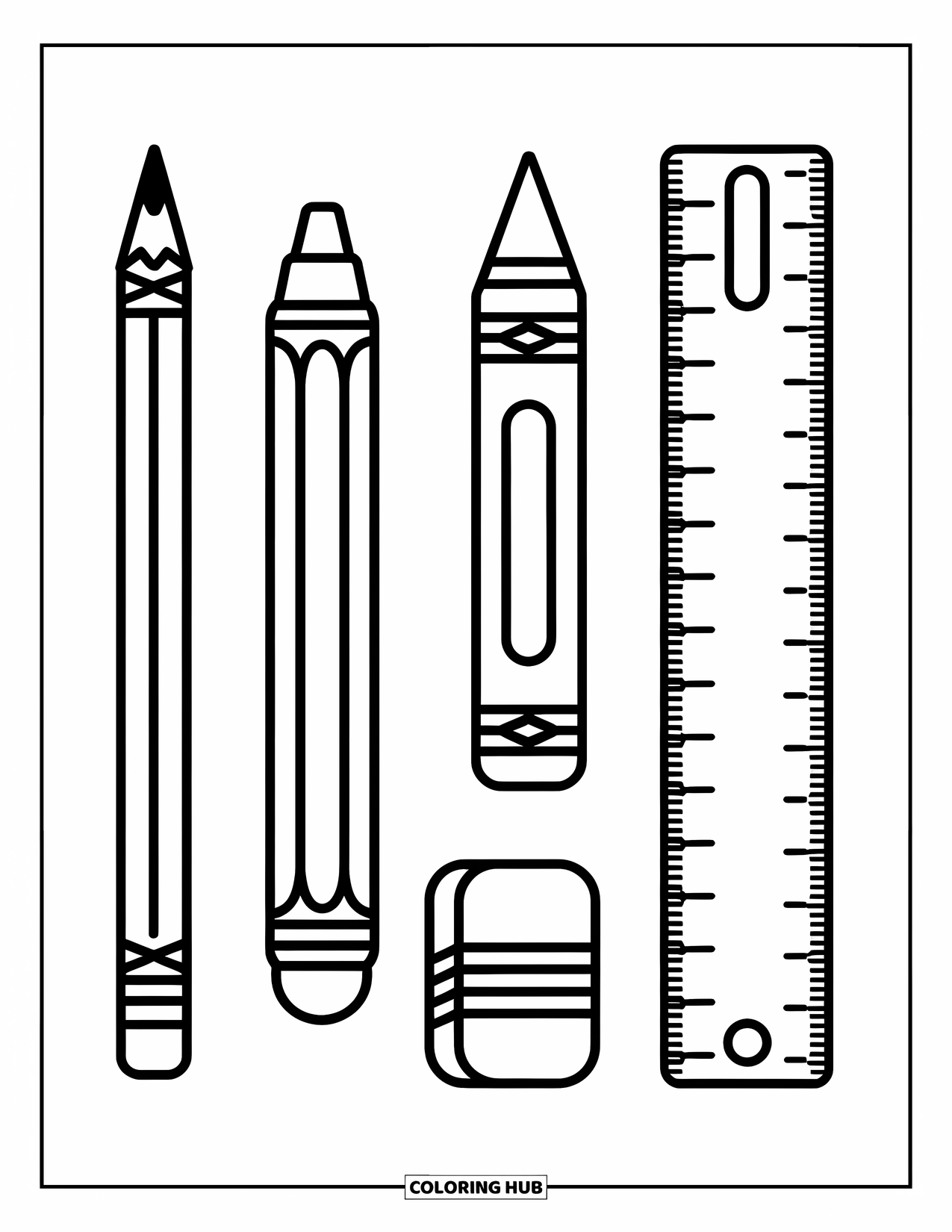 School Kleurplaat voor Kinderen: Een groot potlood, kleurpotlood, liniaal en gum zijn netjes gerangschikt