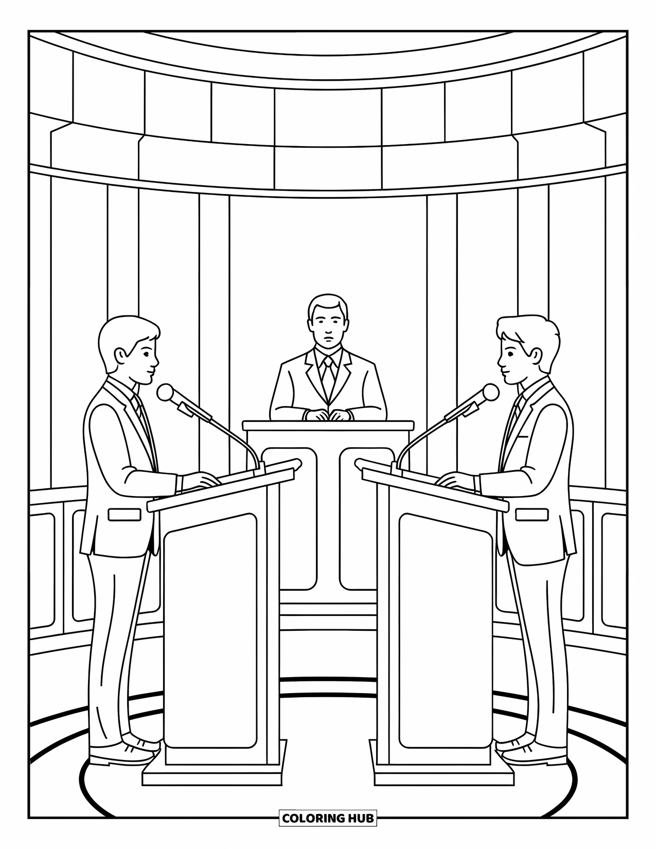 School Kleurplaat voor Kinderen: Een levendige debatscène met twee studenten aan een spreekgestoelte en een rechter die toekijkt