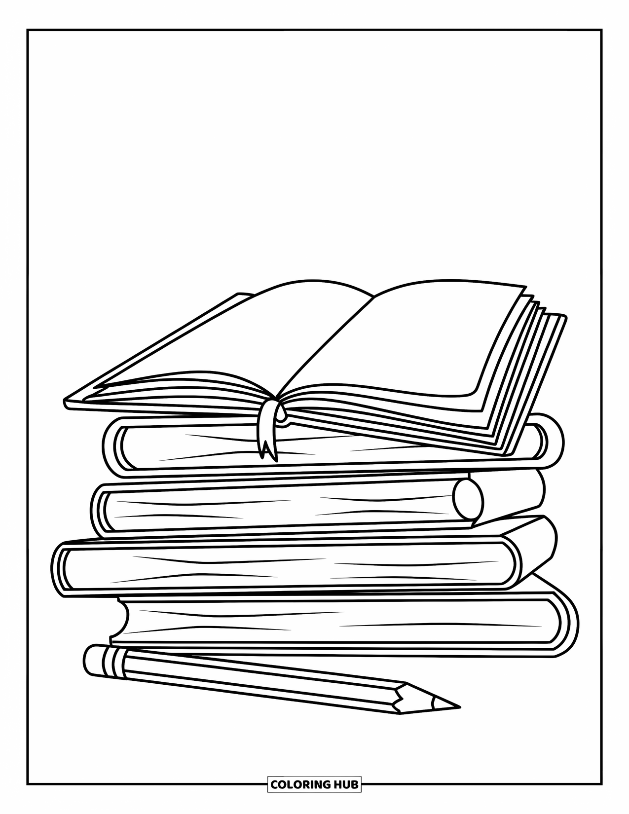 School Kleurplaat voor Kinderen: Een nette stapel boeken met een notitieboek en potlood ligt op een klaslokaalbureau