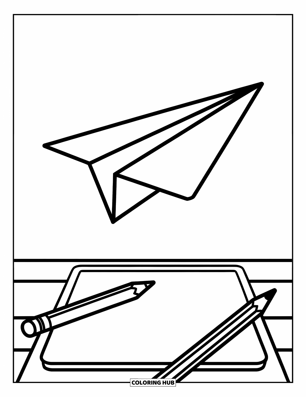 School Kleurplaat voor Kinderen: Een papieren vliegtuigje vliegt boven een bureau met een potlood eronder