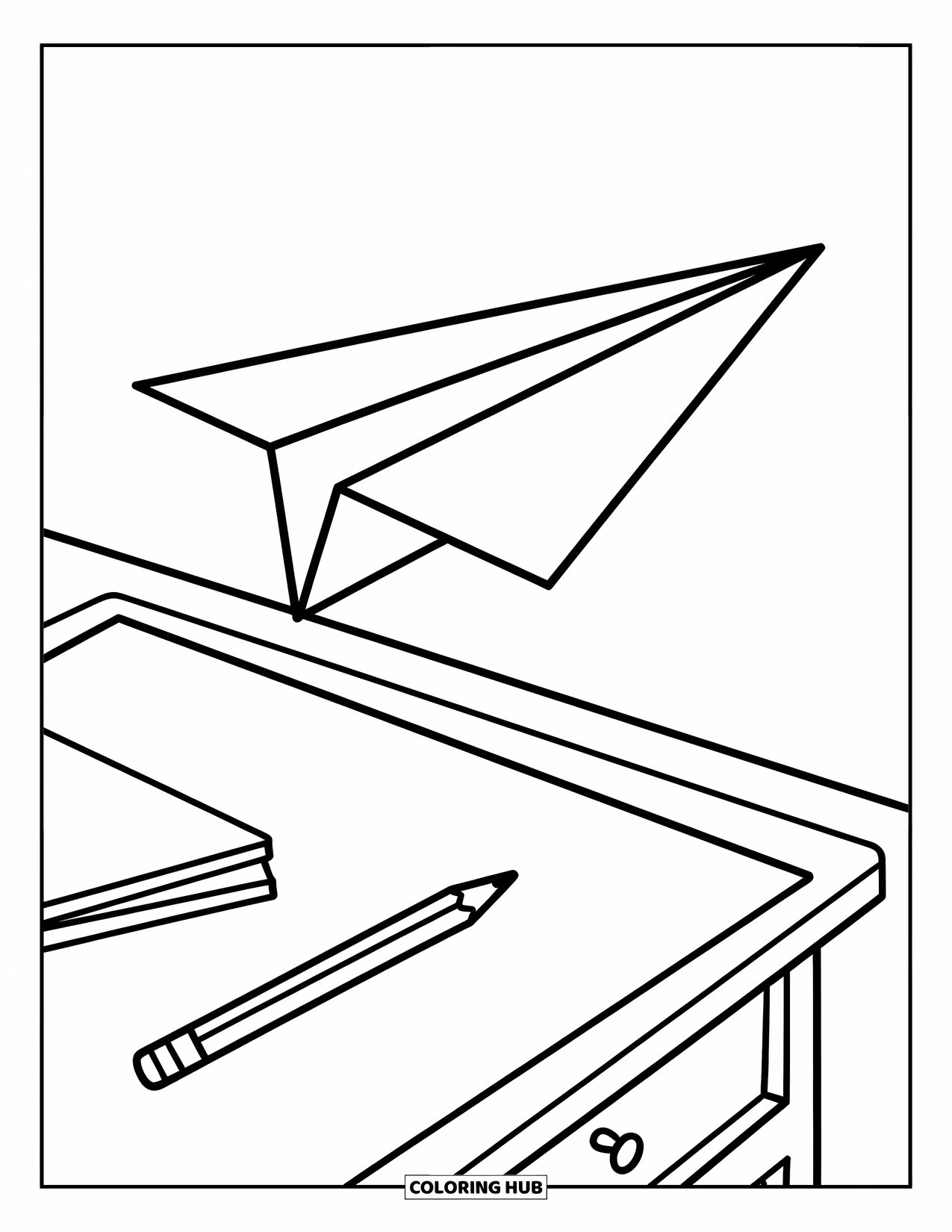 School Kleurplaat voor Kinderen: Een papieren vliegtuigje vliegt over een bureau met een enkel potlood