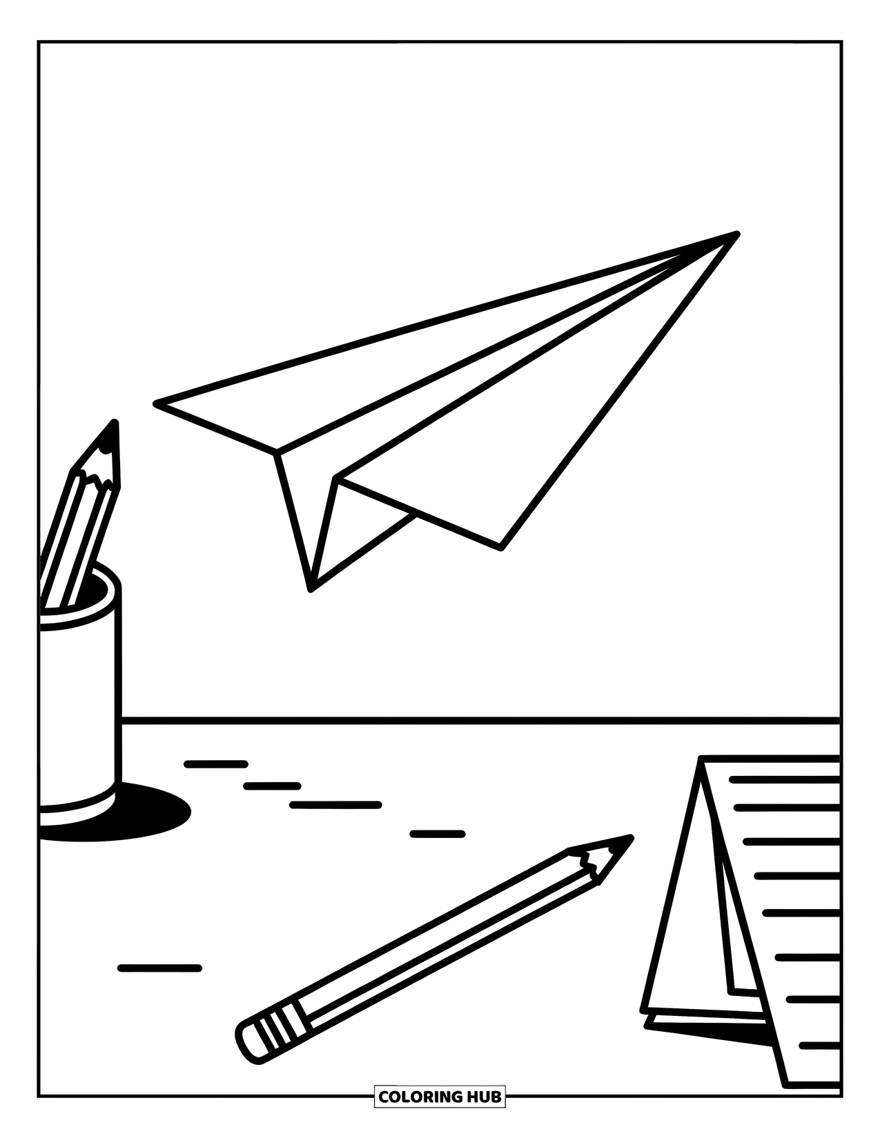 School Kleurplaat voor Kinderen: Een papieren vliegtuigje zweeft over een schoon bureau met één potlood