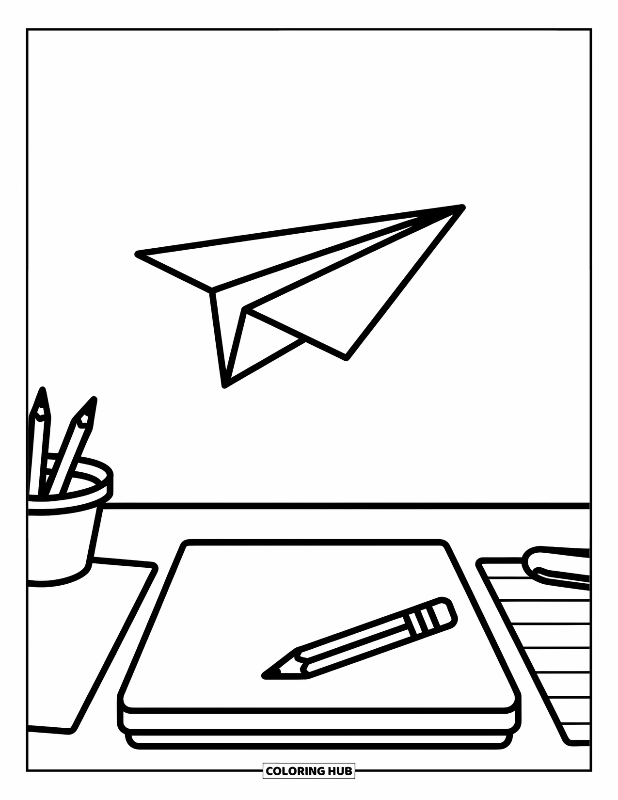 School Kleurplaat voor Kinderen: Een papieren vliegtuigje zweeft over een bureau met een potlood in de buurt