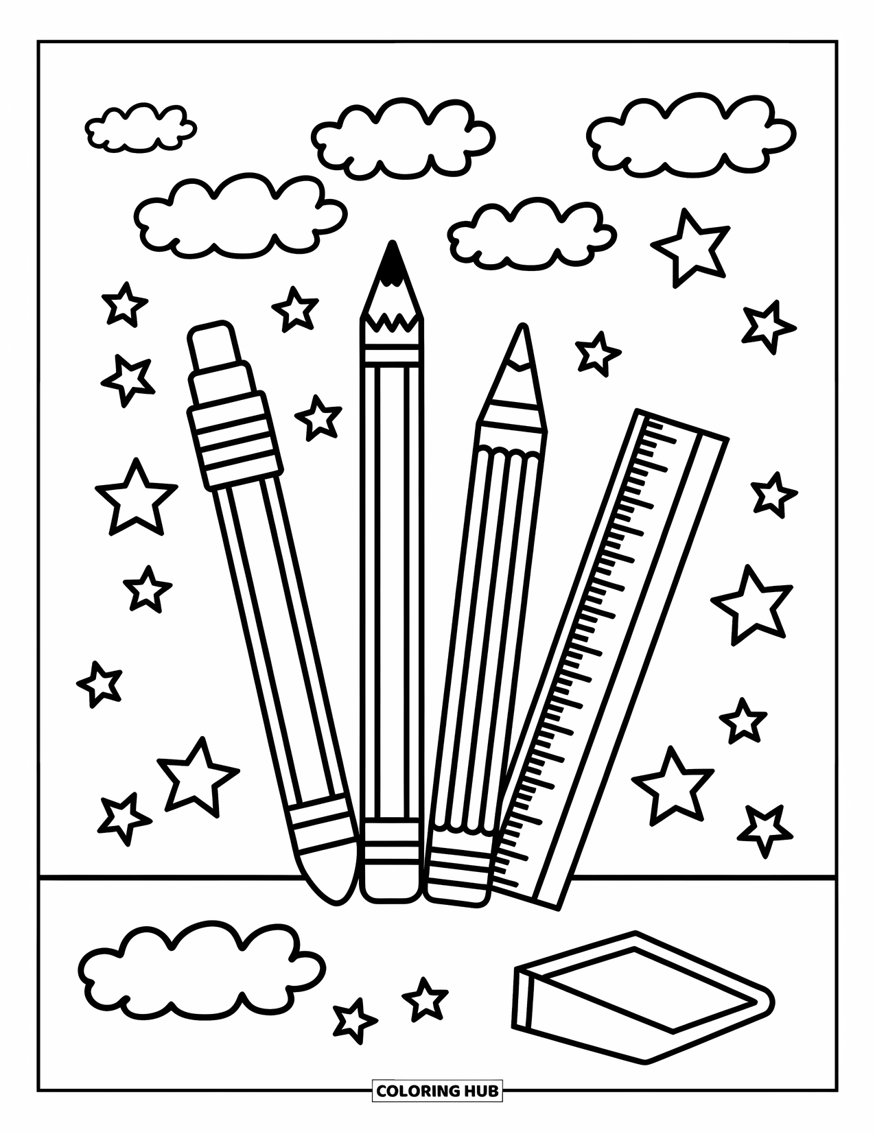School Kleurplaat voor Kinderen: Een potlood, kleurpotlood, liniaal en gum zijn omringd door speelse wolken en sterren