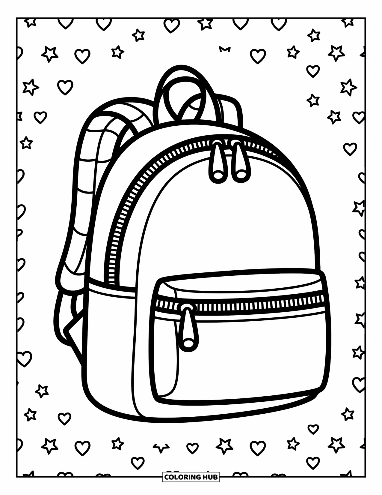 School Kleurplaat voor Kinderen: Een speelse rugzak met ritsen valt op met kleine sterren en hartjes in de buurt