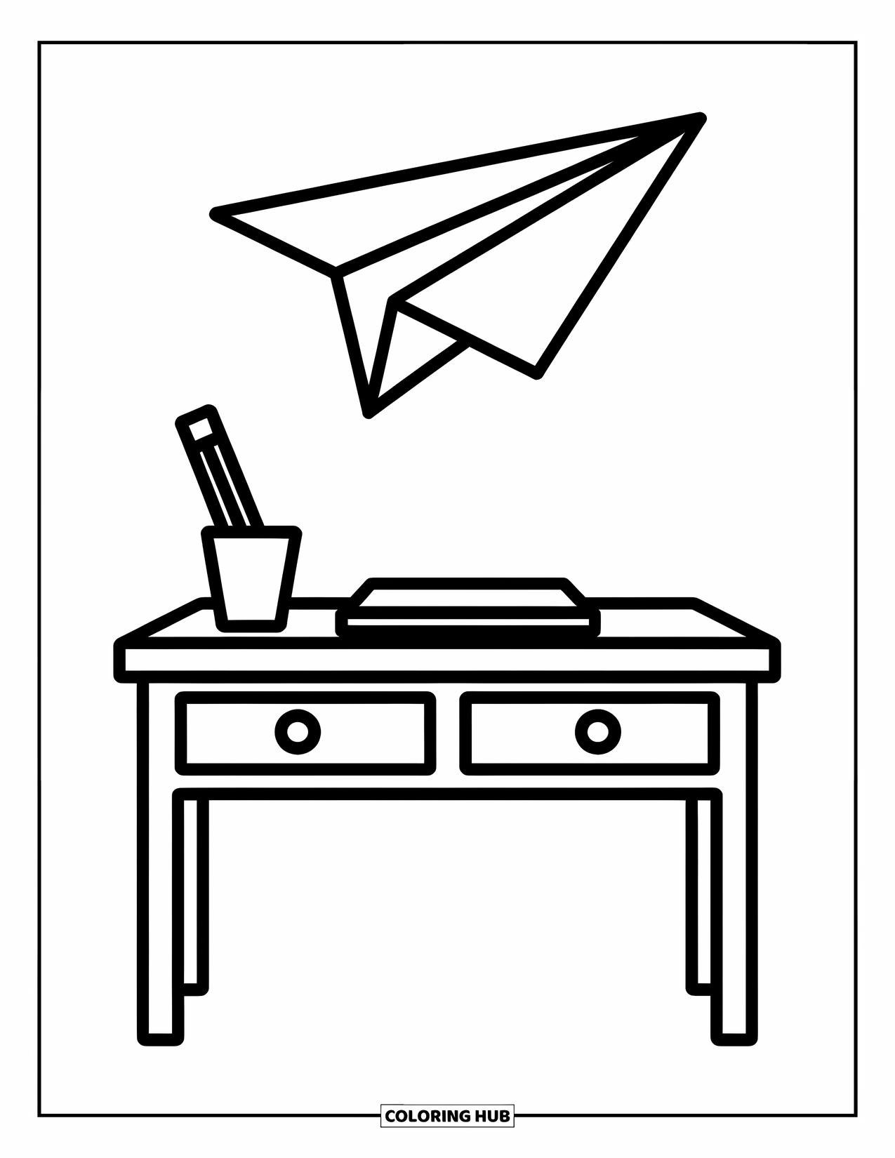 School Kleurplaat voor Kinderen: Een speels papieren vliegtuigje zweeft over een bureau met een potlood in de buurt