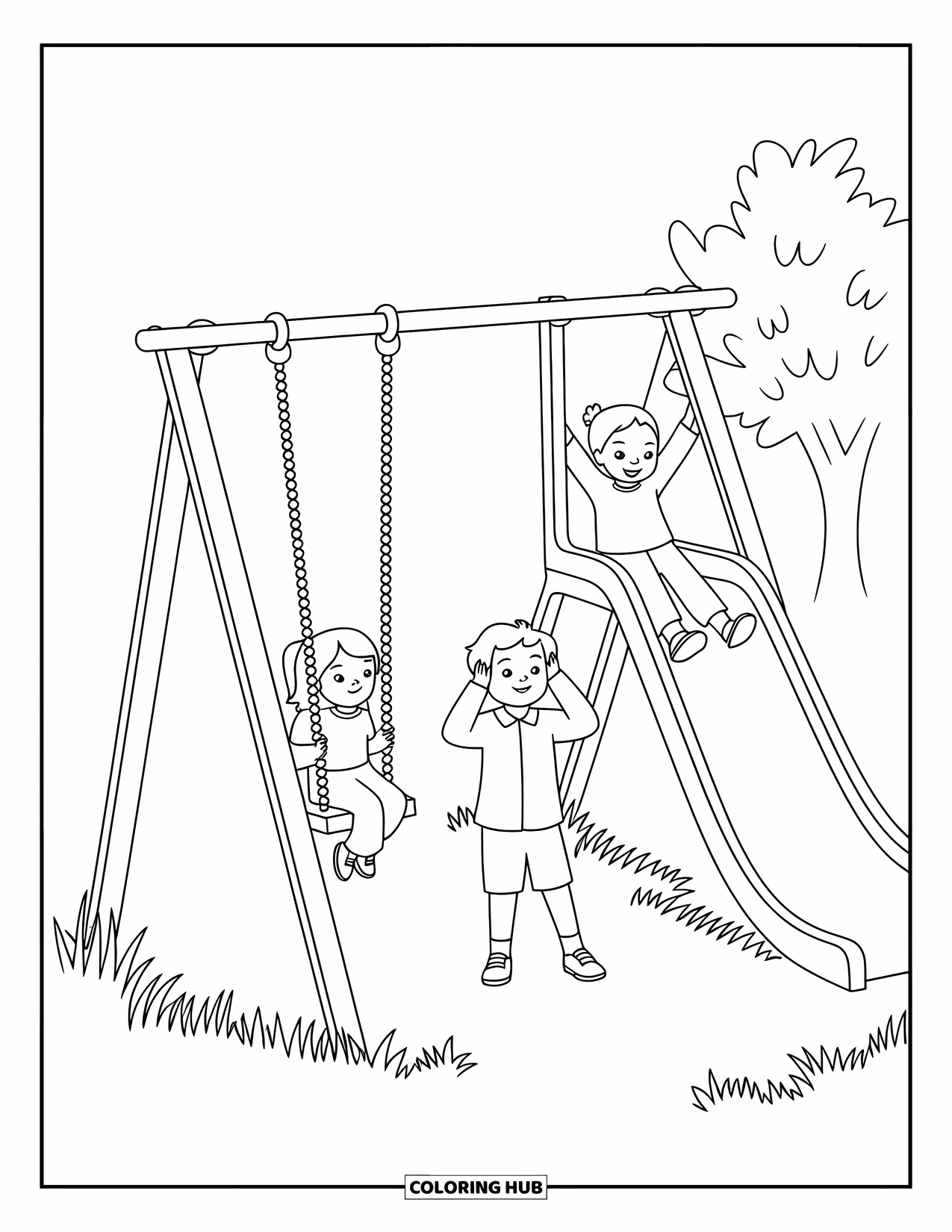 School Kleurplaat voor Kinderen: Een speeltuin met een schommel en glijbaan waar een jongen en een meisje samen spelen