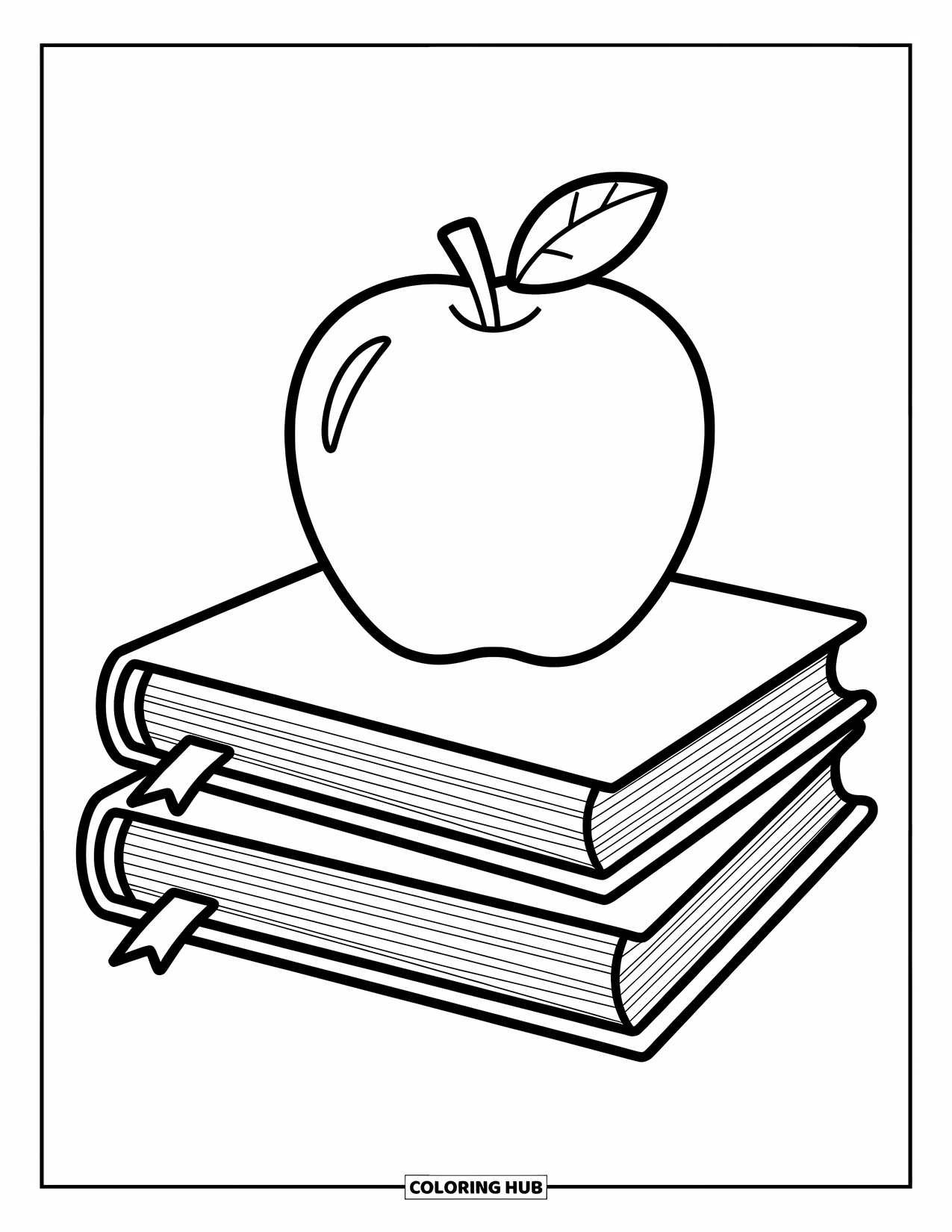 School Kleurplaat voor Kinderen: Een ronde appel rust op open boeken, klaar voor creatief plezier