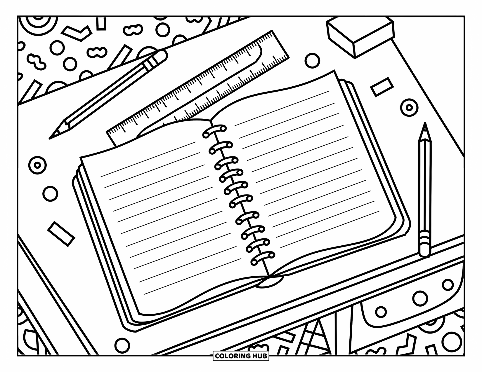 School Kleurplaat voor Kinderen: Een liniaal, potlood en notitieboek liggen op een tafel met speelse doodles eromheen
