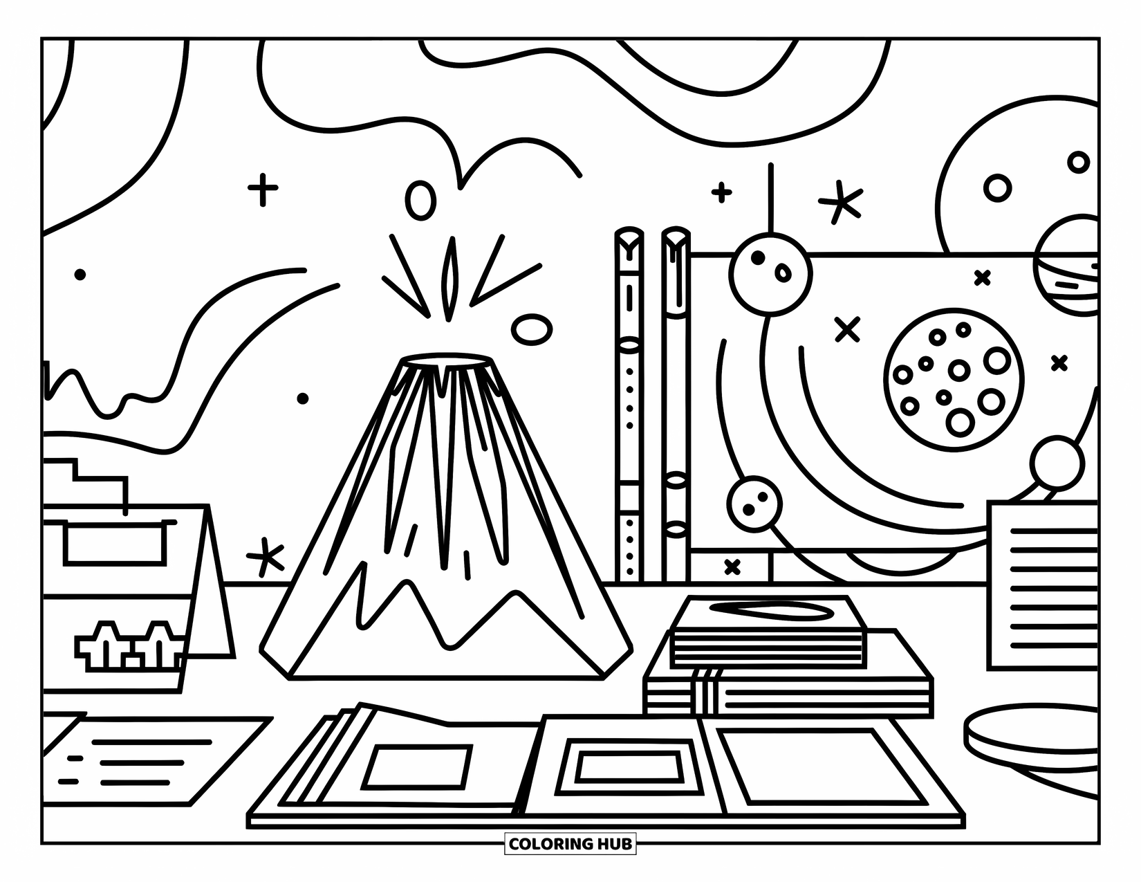 School Kleurplaat voor Kinderen: Een tafel op een schoolwetenschapsbeurs met een vulkaanmodel, planeten en georganiseerde aantekeningen