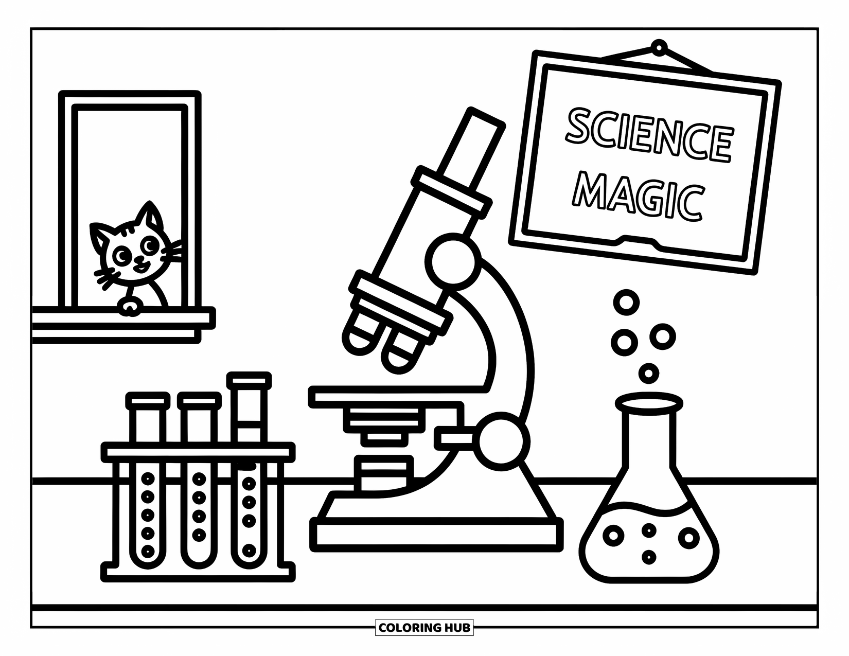 School Kleurplaat voor Kinderen: Een schoolwetenschapslab beschikt over een microscoop, een borrelende beker en een speels schoolbord