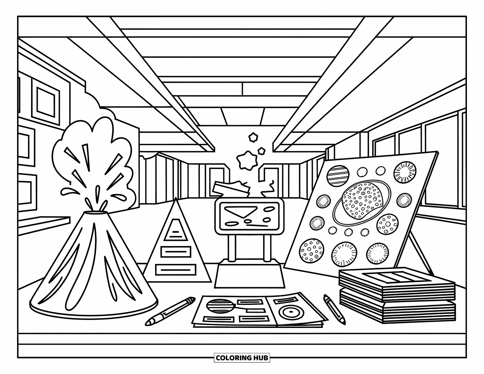 School Kleurplaat voor Kinderen: Een tafel op een wetenschapsbeurs toont een vulkaanmodel, een zonnestelselproject en aantekeningen