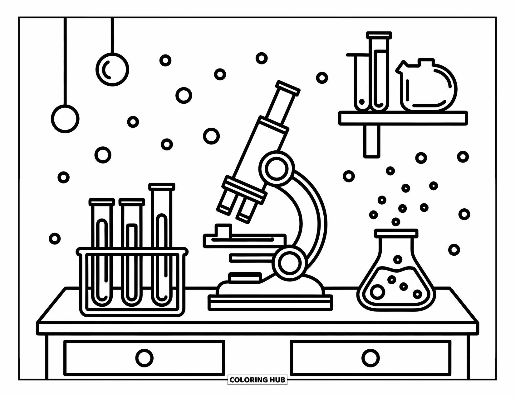 School Kleurplaat voor Kinderen: Een wetenschapslabscène met een microscoop, reageerbuizen en zwevende bellen