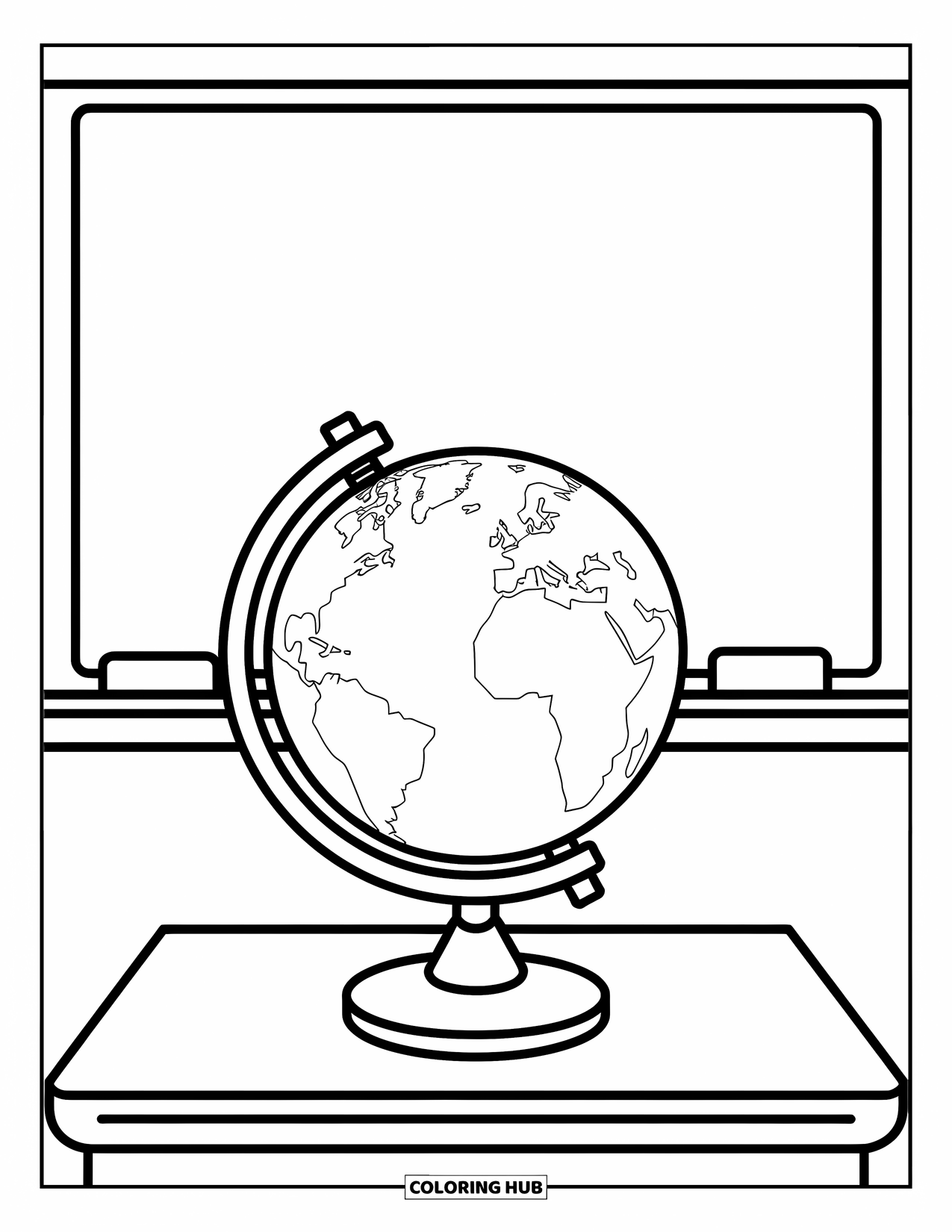 School Kleurplaat voor Kinderen: Een eenvoudige klaslokaalglobe staat op een standaard met een speels schoolbord erachter