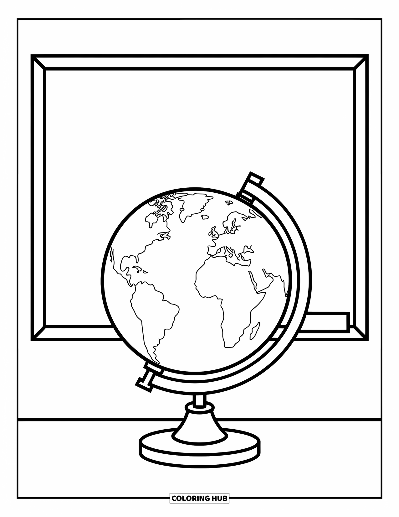 School Kleurplaat voor Kinderen: Een enkele globe staat op een standaard met een schoolbord op de achtergrond