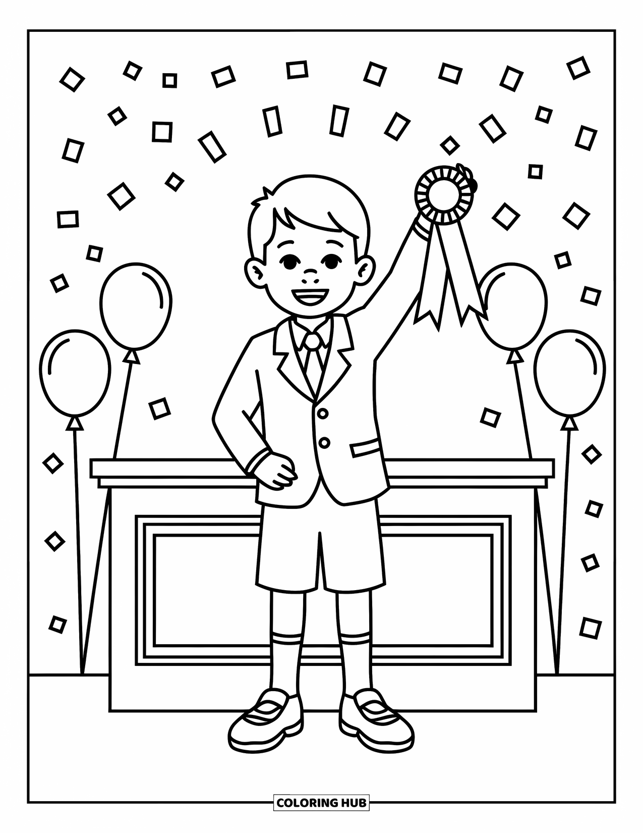 School Kleurplaat voor Kinderen: Een lachende jongen houdt een lint omhoog tijdens een schoolprijsuitreiking met ballonnen eromheen