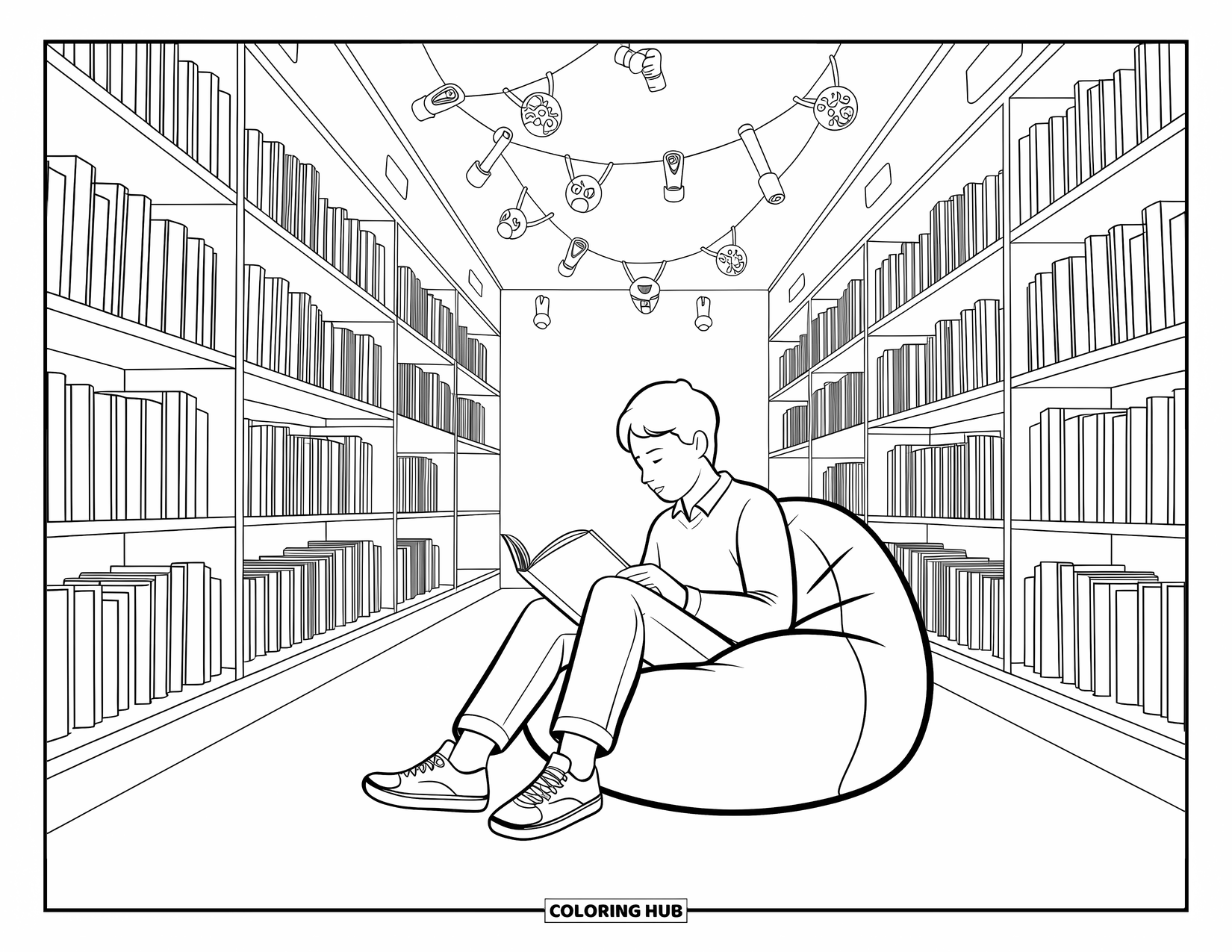 School Kleurplaat voor Kinderen: Een student ontspant zich met een boek in een warme, uitnodigende schoolbibliotheek