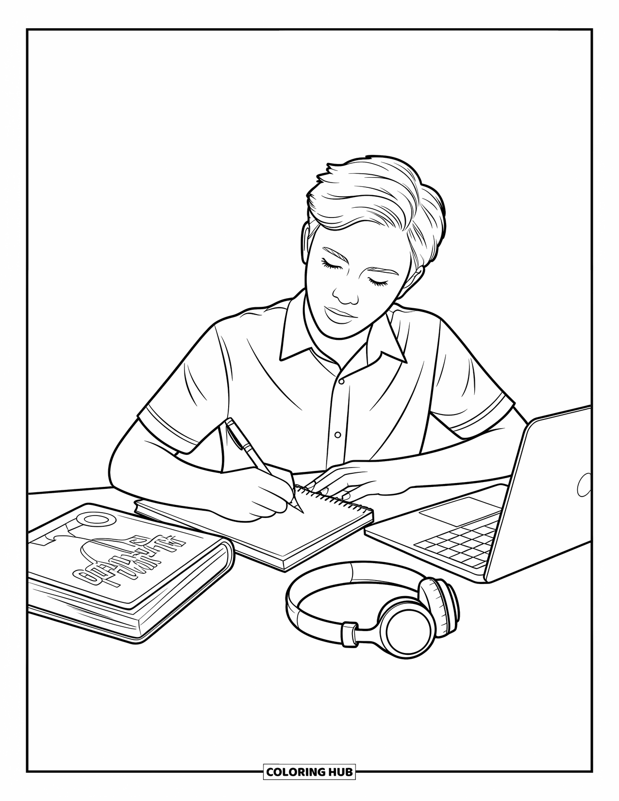 School Kleurplaat voor Kinderen: Een student zit aan een bureau te schrijven, met een laptop en boeken dichtbij