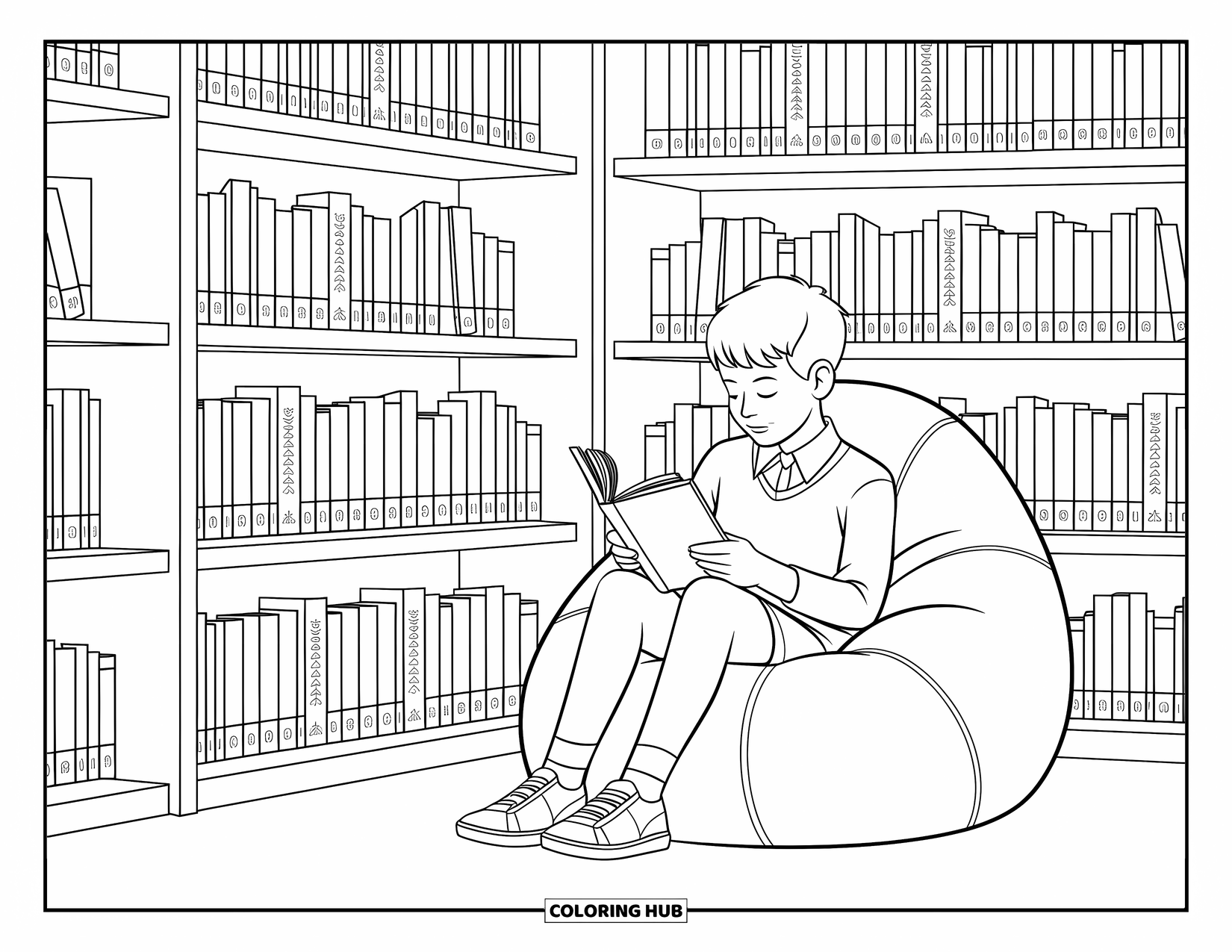 School Kleurplaat voor Kinderen: Een student zit op een zitzak te lezen in een gezellige bibliotheek vol boeken