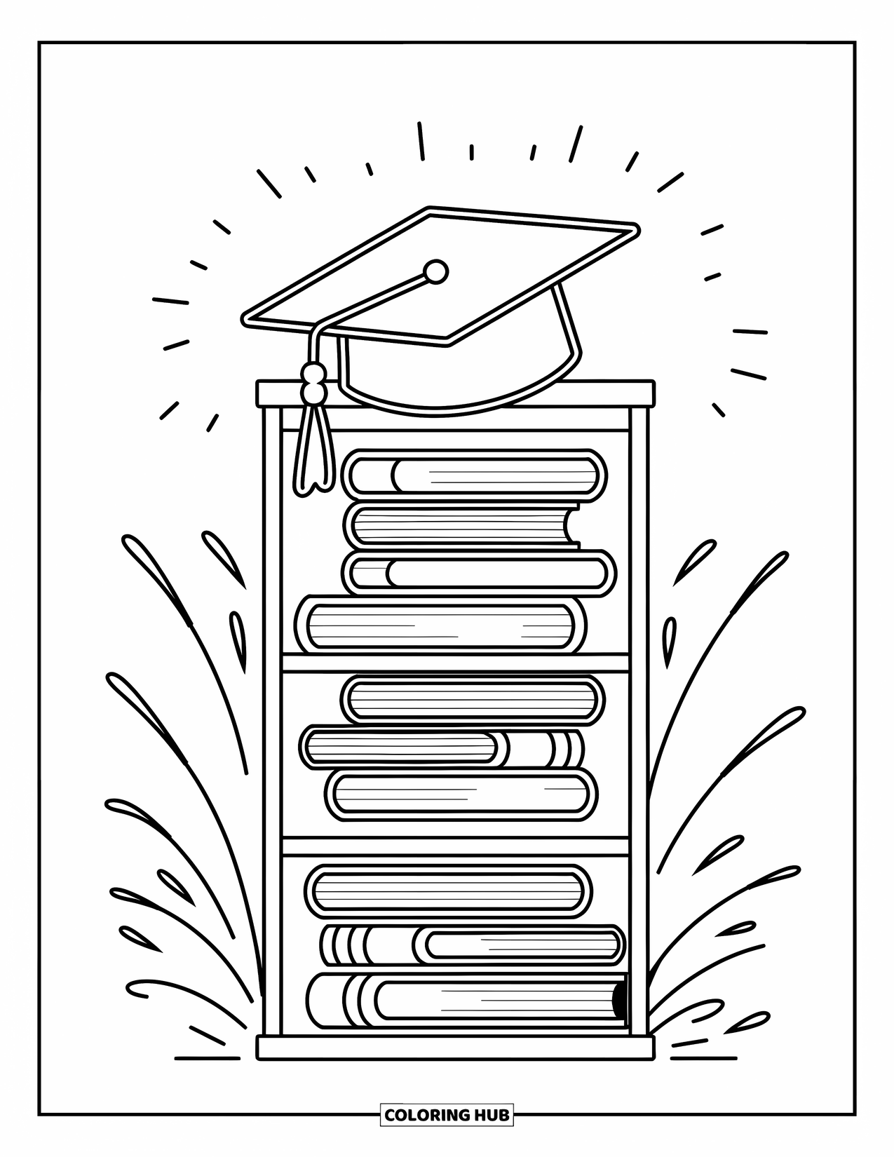 School Kleurplaat voor Kinderen: Een hoge boekenkast bevat leerboeken met een afstudeerhoed die er trots bovenop rust