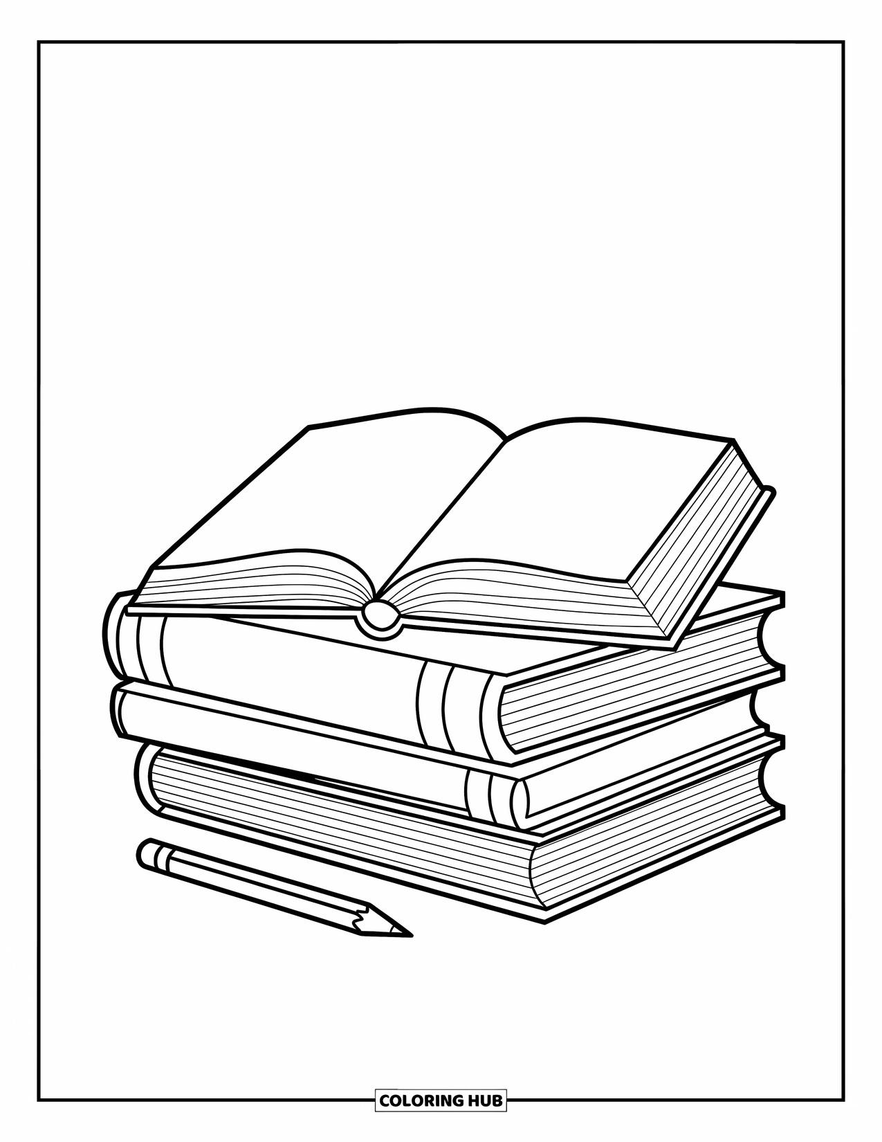 School Kleurplaat voor Kinderen: Een opgeruimd bureau bevat boeken, een open notitieboek en een potlood klaar om te schrijven