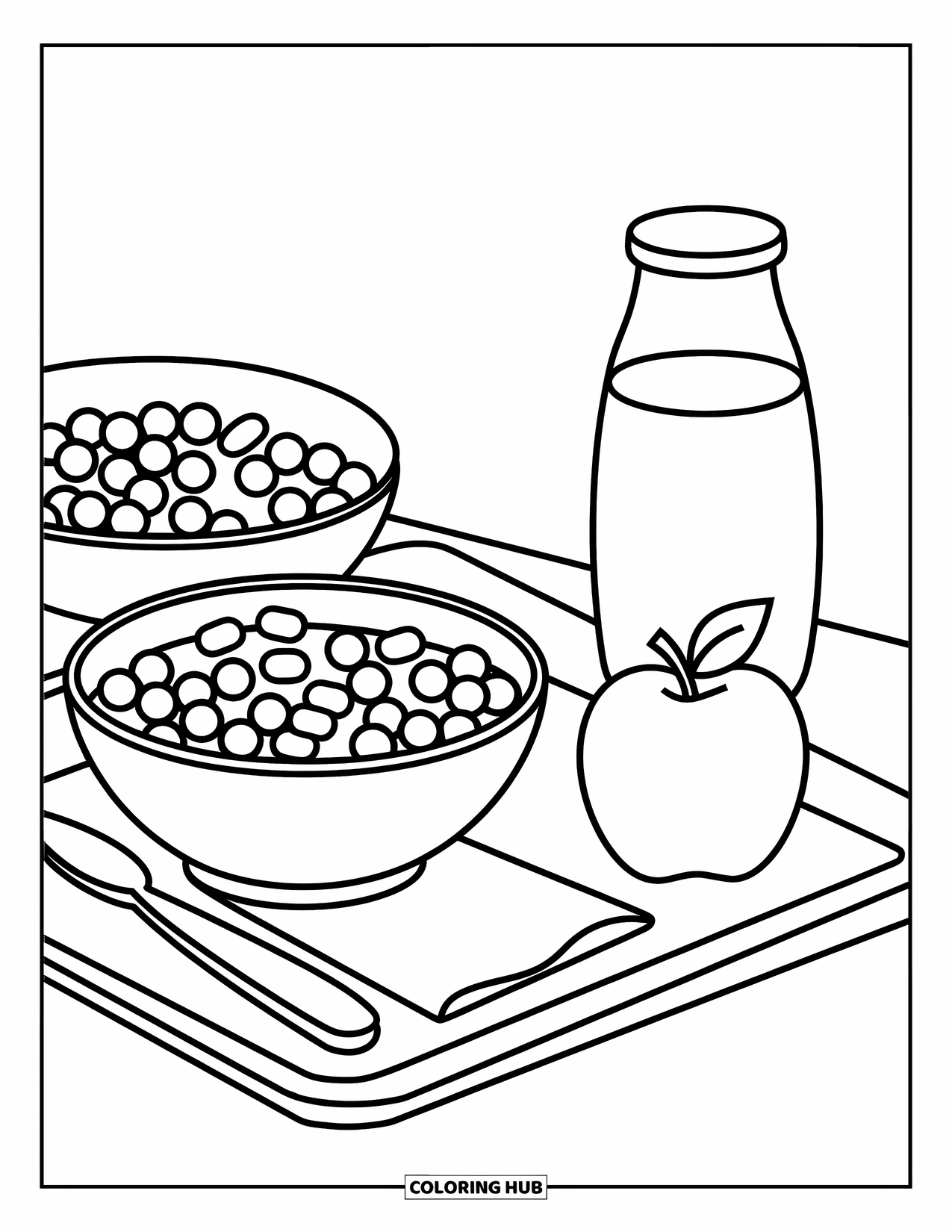 School Kleurplaat voor Kinderen: Een dienblad in de kantine bevat een kom ontbijtgranen, een appel en melk