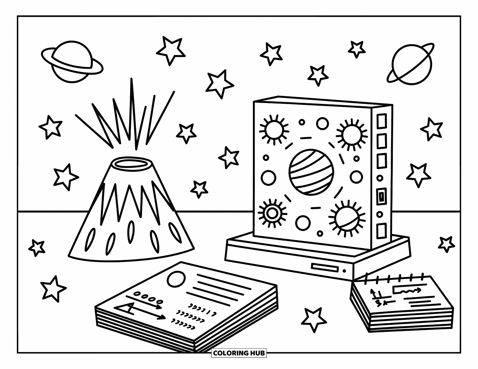 School Kleurplaat voor Kinderen: Een vulkaanmodel, zonnestelsel en aantekeningen liggen op een drukke tafel van een wetenschapsbeurs