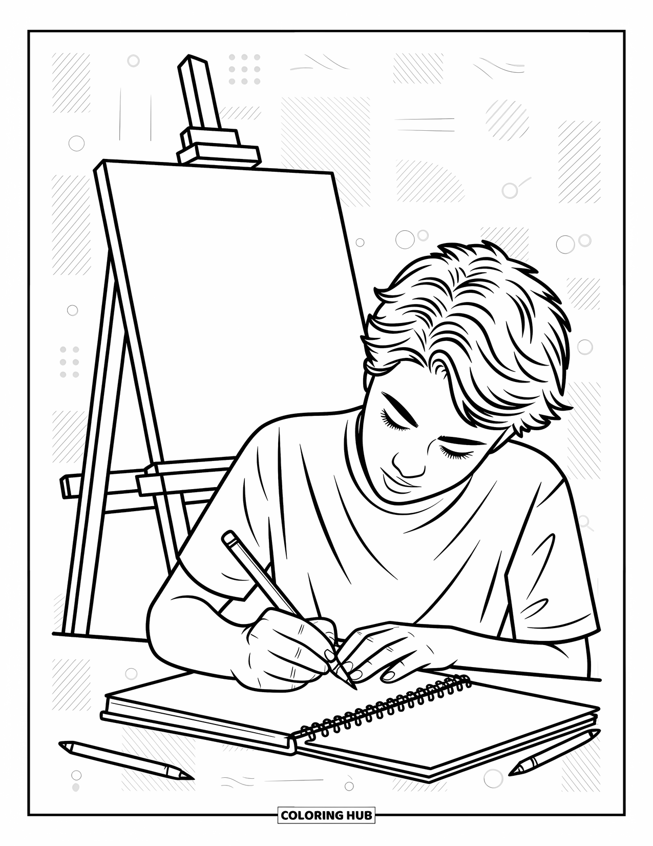 School Kleurplaat voor Kinderen: Een jonge kunstenaar schetst met een ezel en tekengereedschap in de buurt
