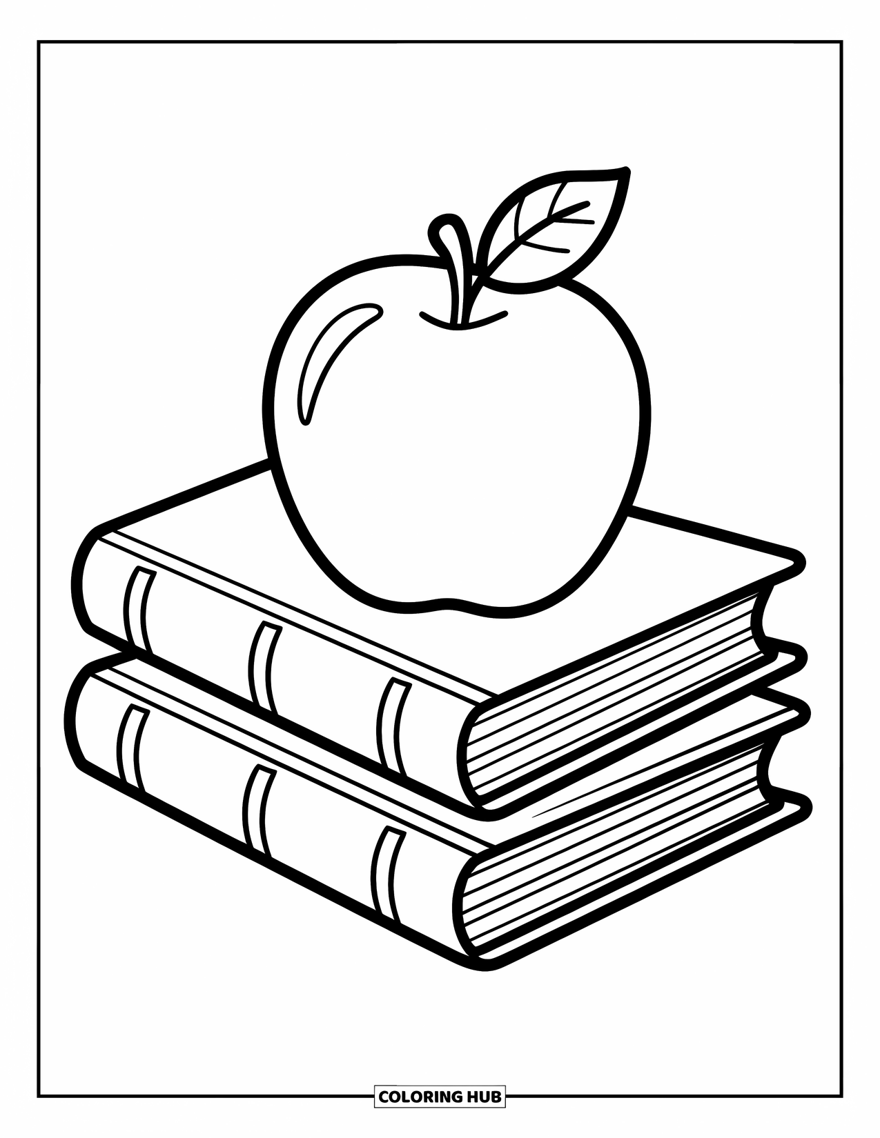 School Kleurplaat voor Kinderen: Een appel rust op open boeken met uitnodigende pagina's voor verbeelding