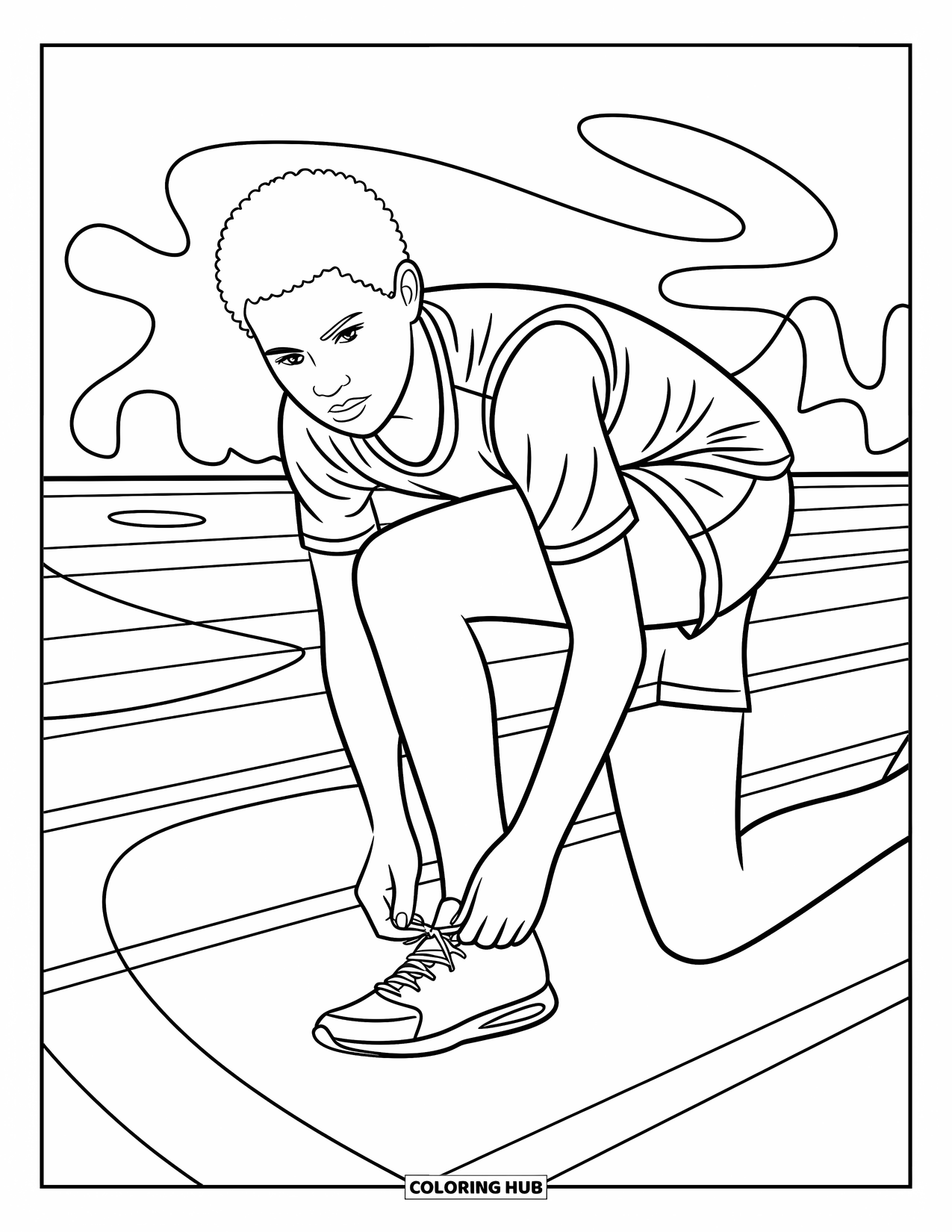 School Kleurplaat voor Kinderen: Een atleet hurkt op de baan en strikt zijn veters met vastberadenheid en energie