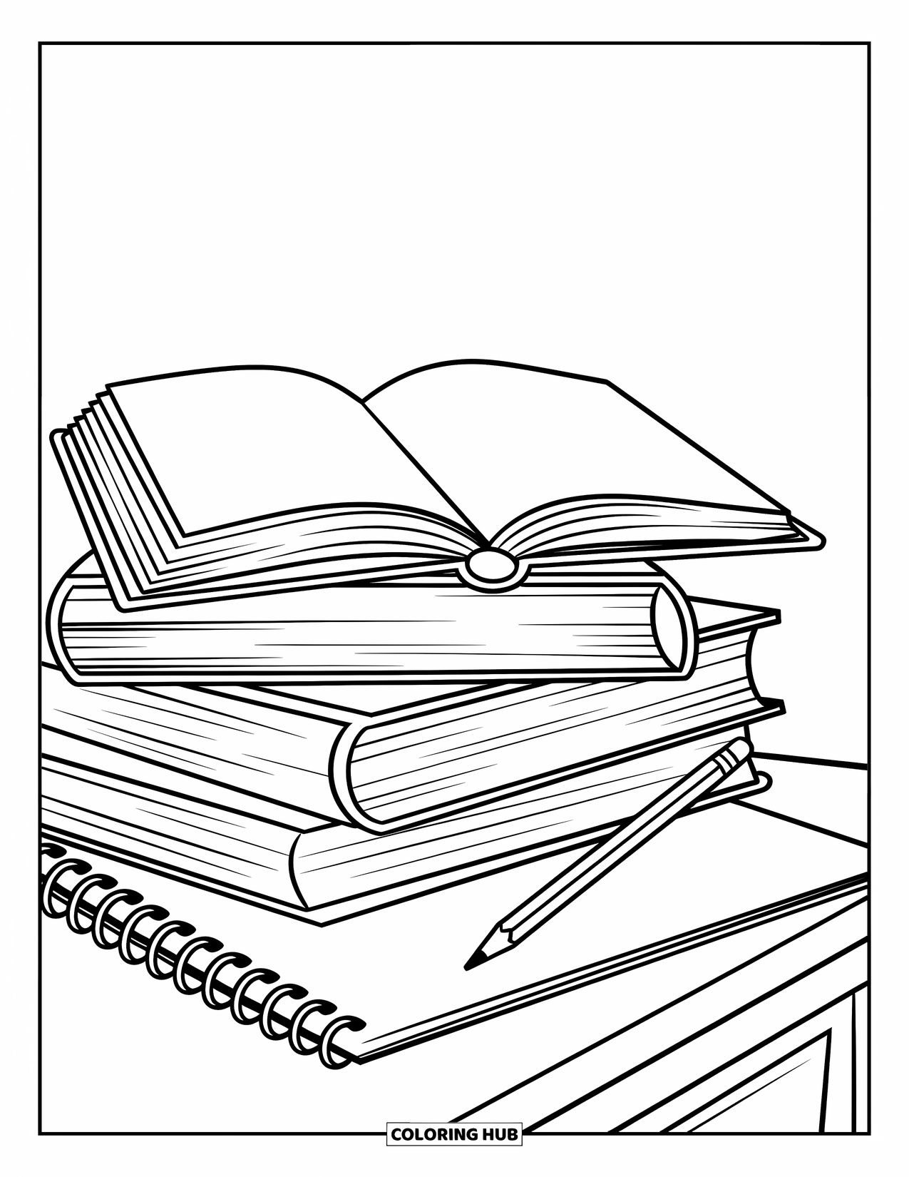 School Kleurplaat voor Kinderen: Boeken zijn op een bureau gestapeld met een notitieboek en een geslepen potlood erboven